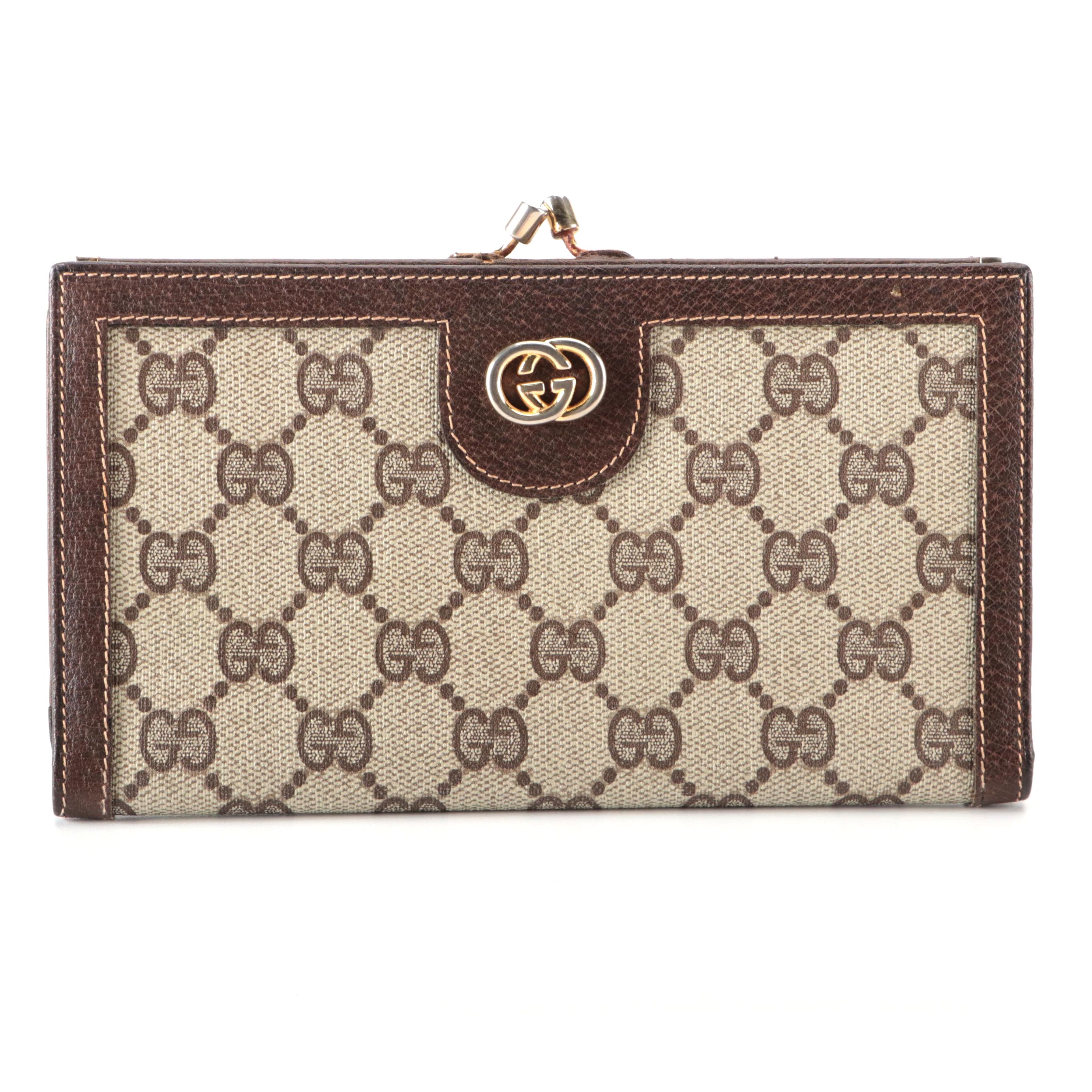 Gucci Long Kisslock Wallet in GG Supreme Canvas and Brown Cinghiale Leather