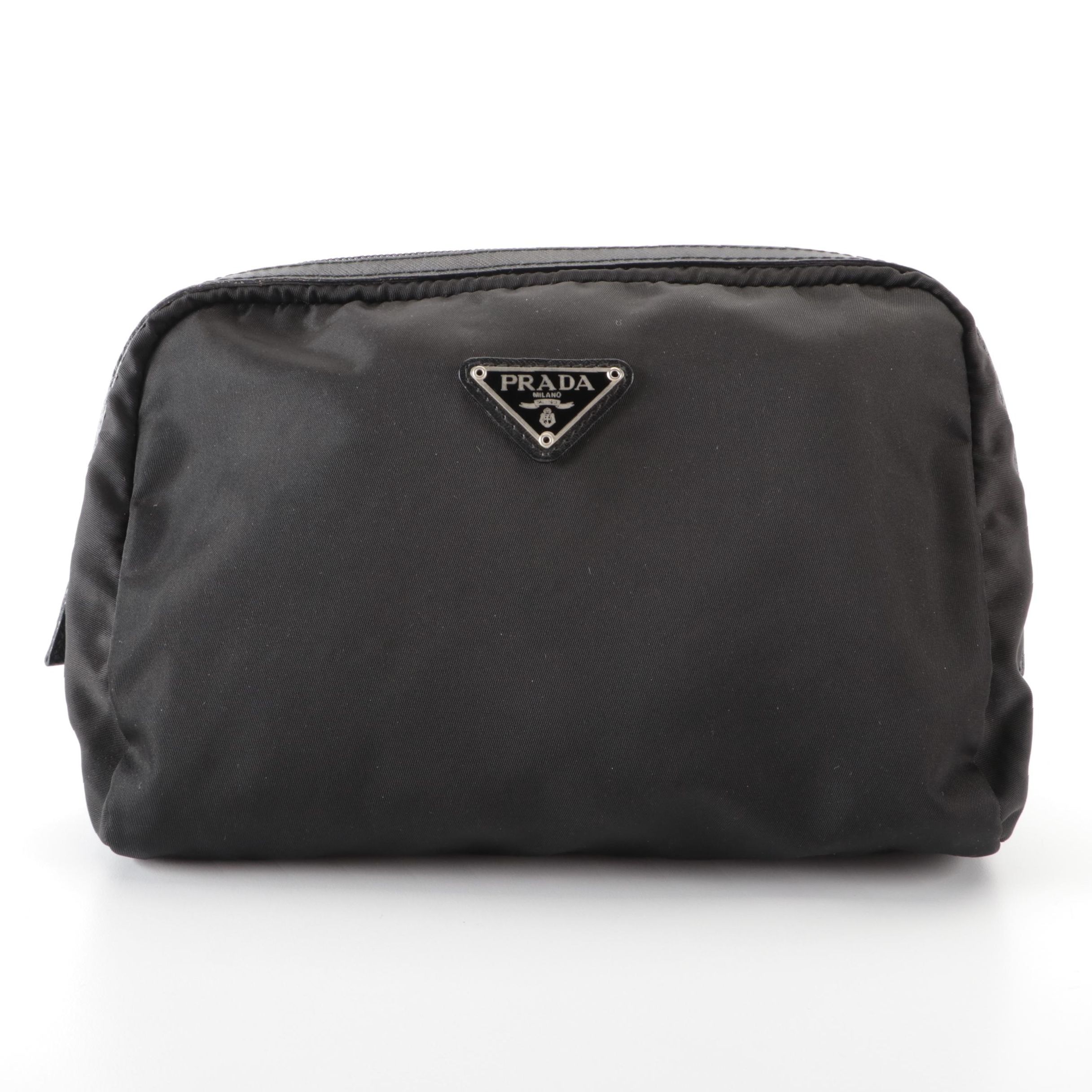 Prada Small Zip Travel Bag in Black Tessuto Nylon with Leather Trim