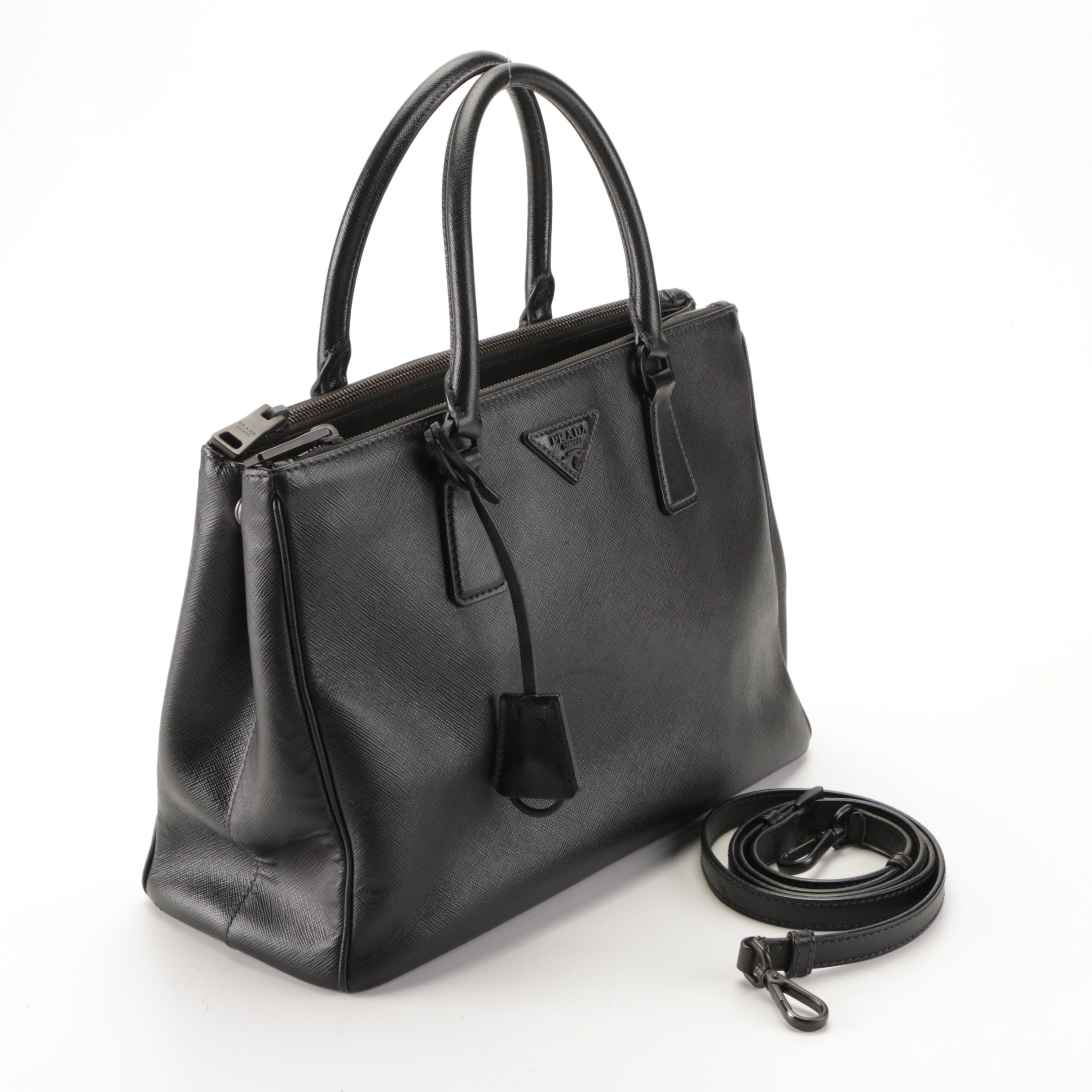 Prada Double-Zip Tote in Black Saffiano Leather with Detachable Strap