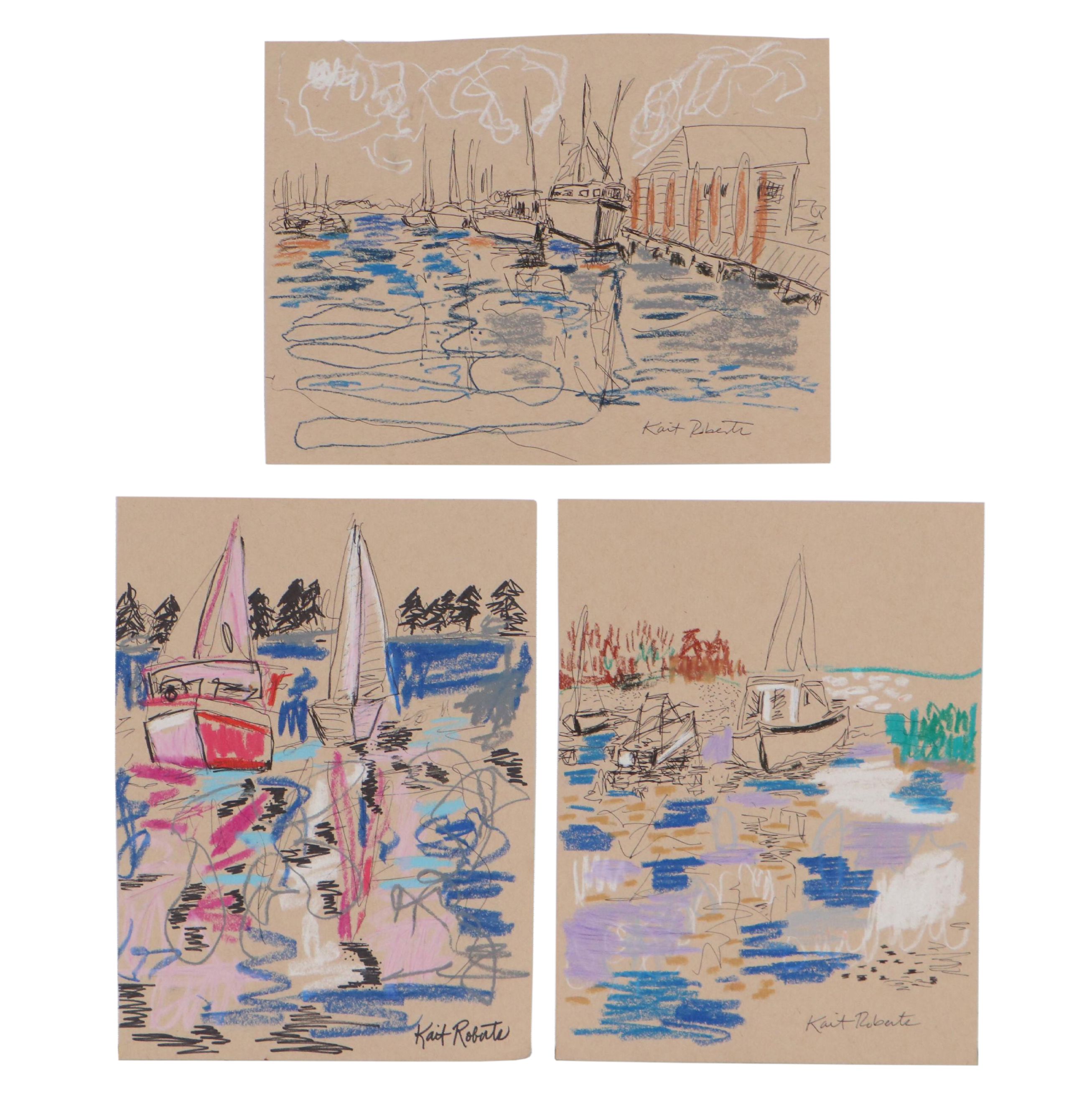 Kait Roberts Harbor Scene Mixed Media Drawings