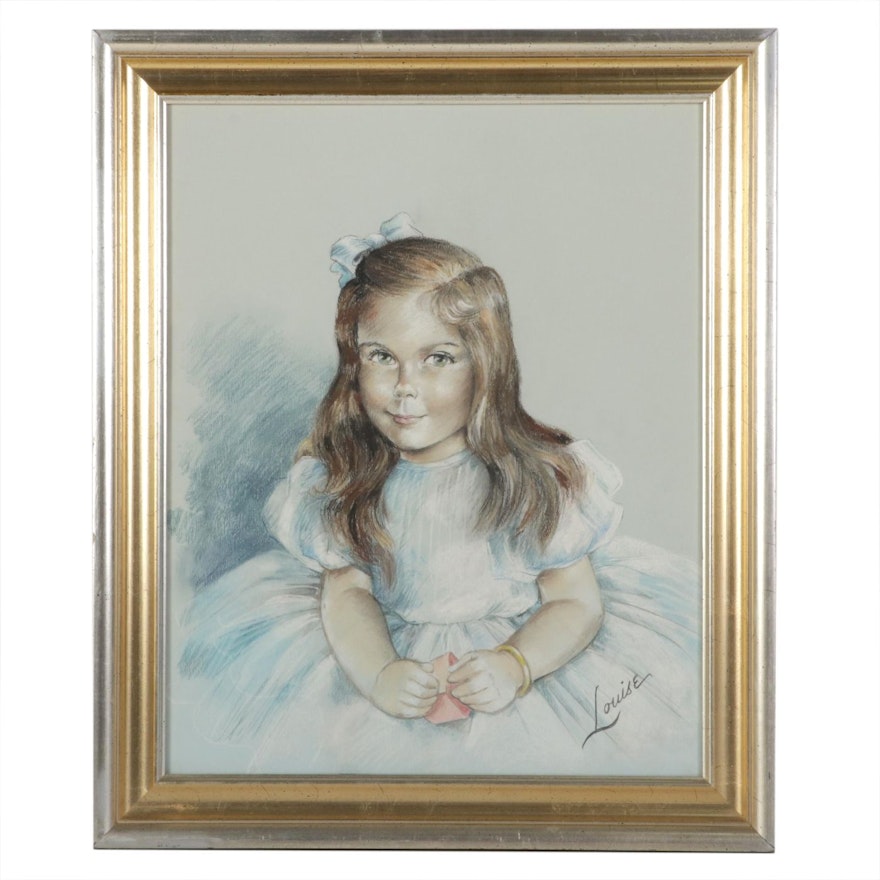 Portrait Pastel Drawing of Girl Wearing Blue Bow, Early-Mid 20th Century