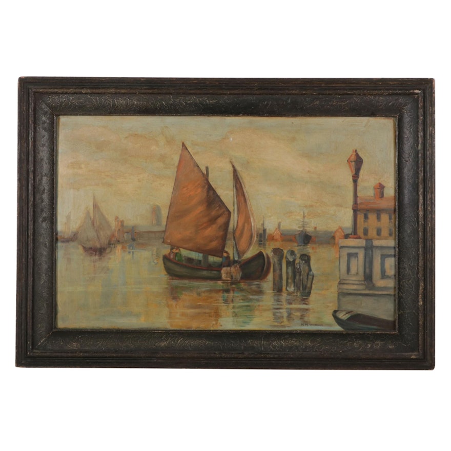 M. M. Wagner Maritime Oil Painting of Sailboats in Bay, Early-Mid 20th Century