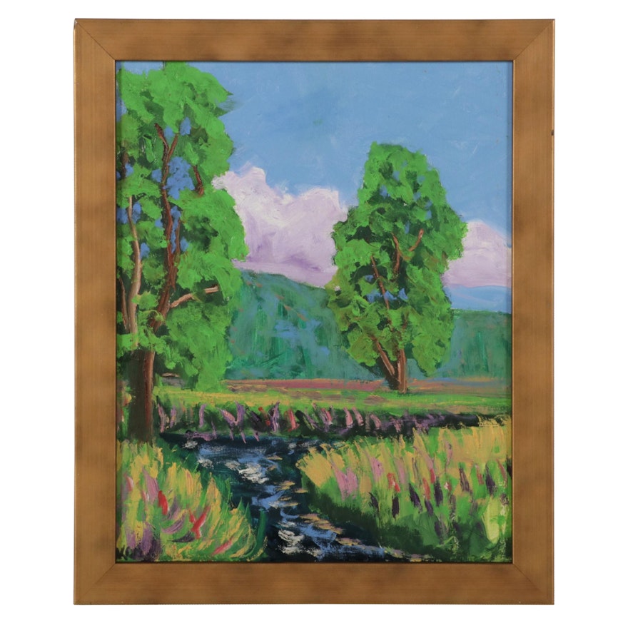 Kenneth R. Burnside Oil Painting of Wildflowers and Rural Stream, 21st Century