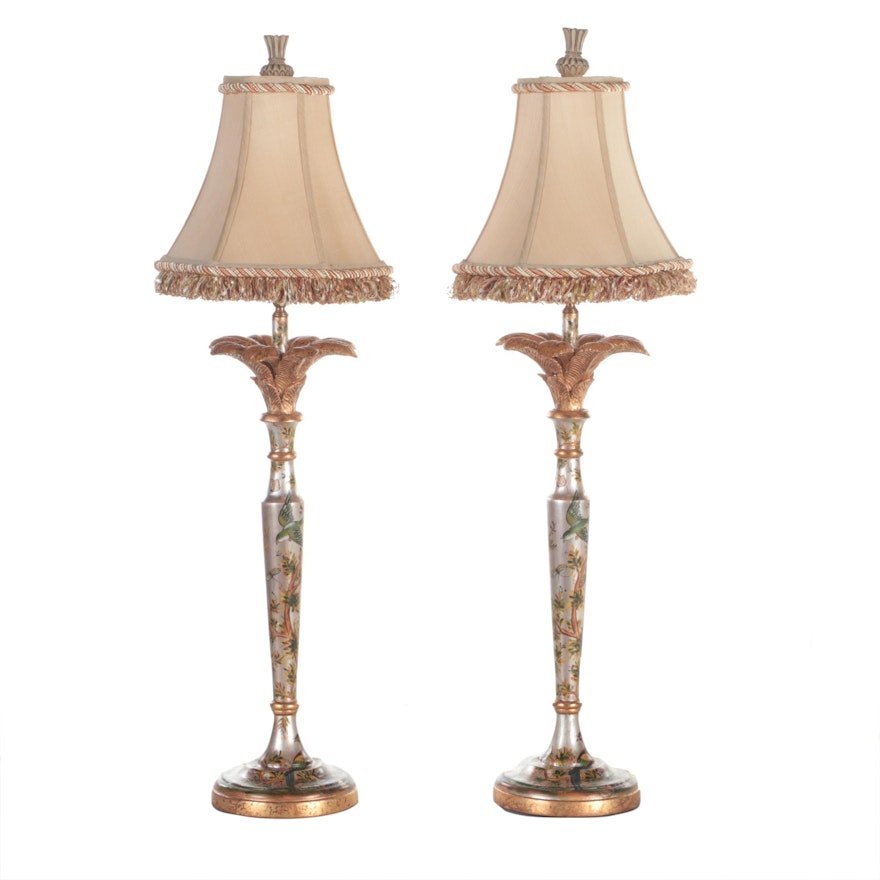 Castilian Imports Hand-Painted Chinoiserie Style Candlestick Table Lamps, 21st C