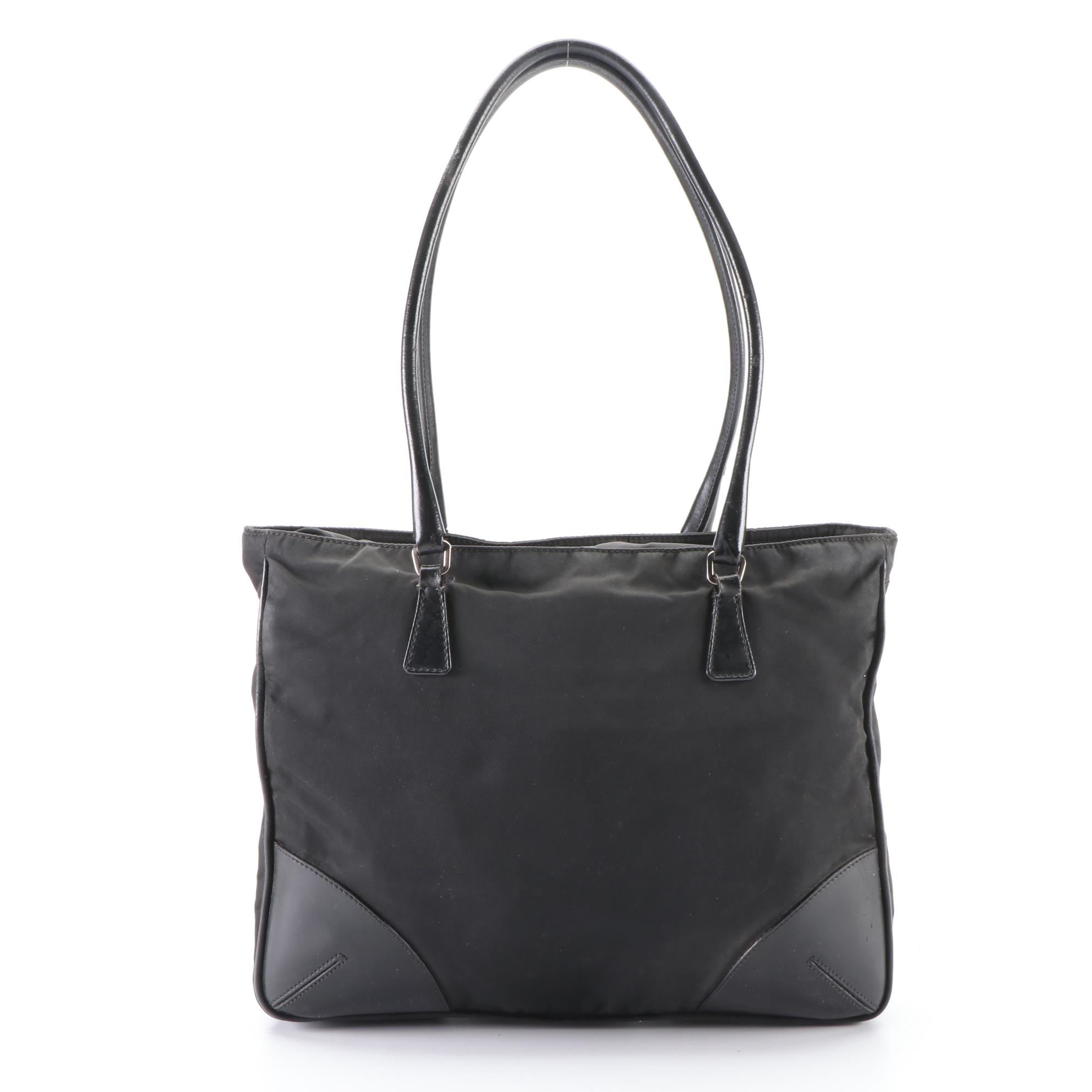 Prada Small Tote Bag in Black Nylon and Smooth Leather