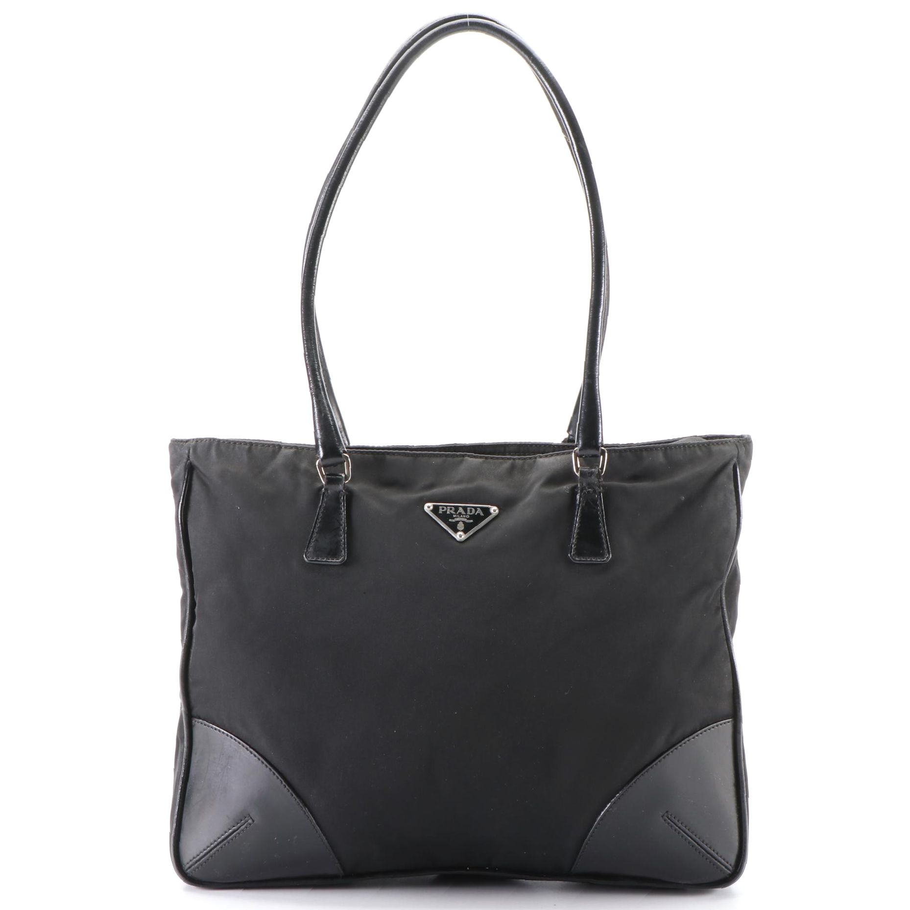 Prada Small Tote Bag in Black Nylon and Smooth Leather