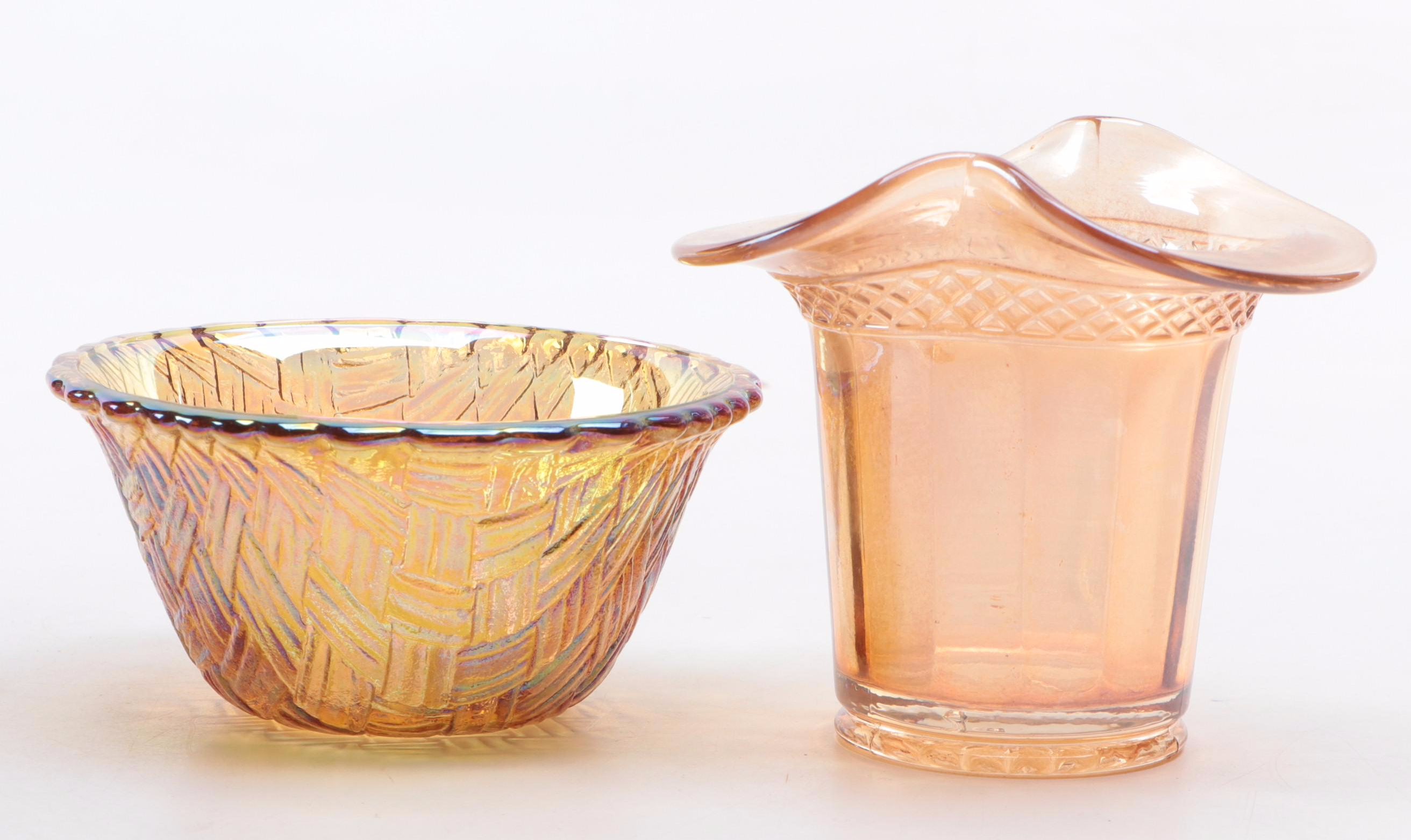 Fenton "Chrysanthemum" Amethyst Planter with Other Carnival Glass Bowl and Vase