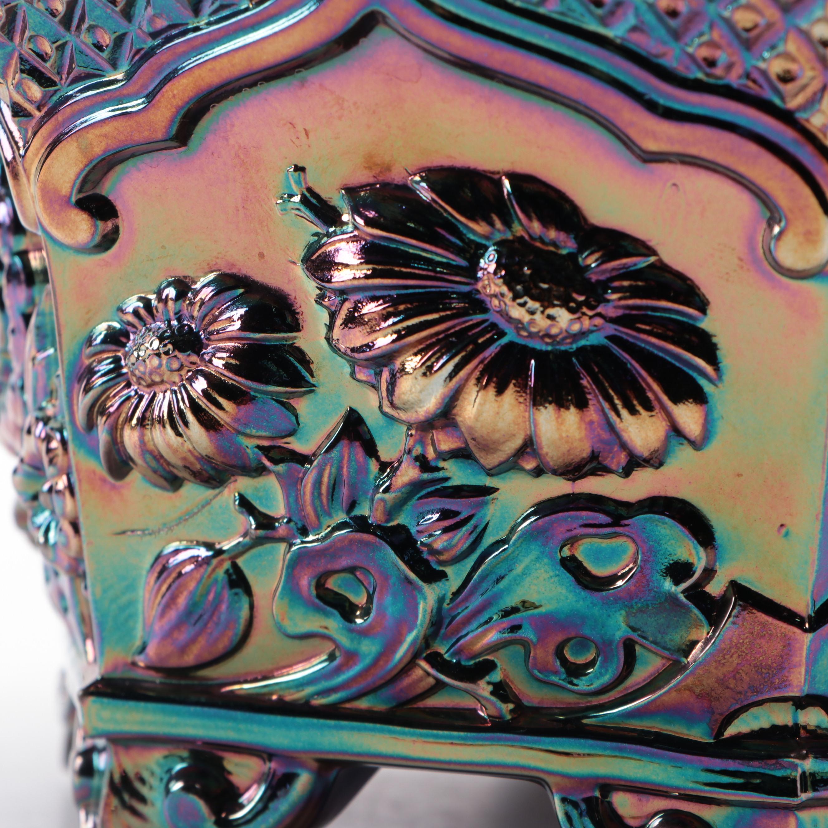 Fenton "Chrysanthemum" Amethyst Planter with Other Carnival Glass Bowl and Vase