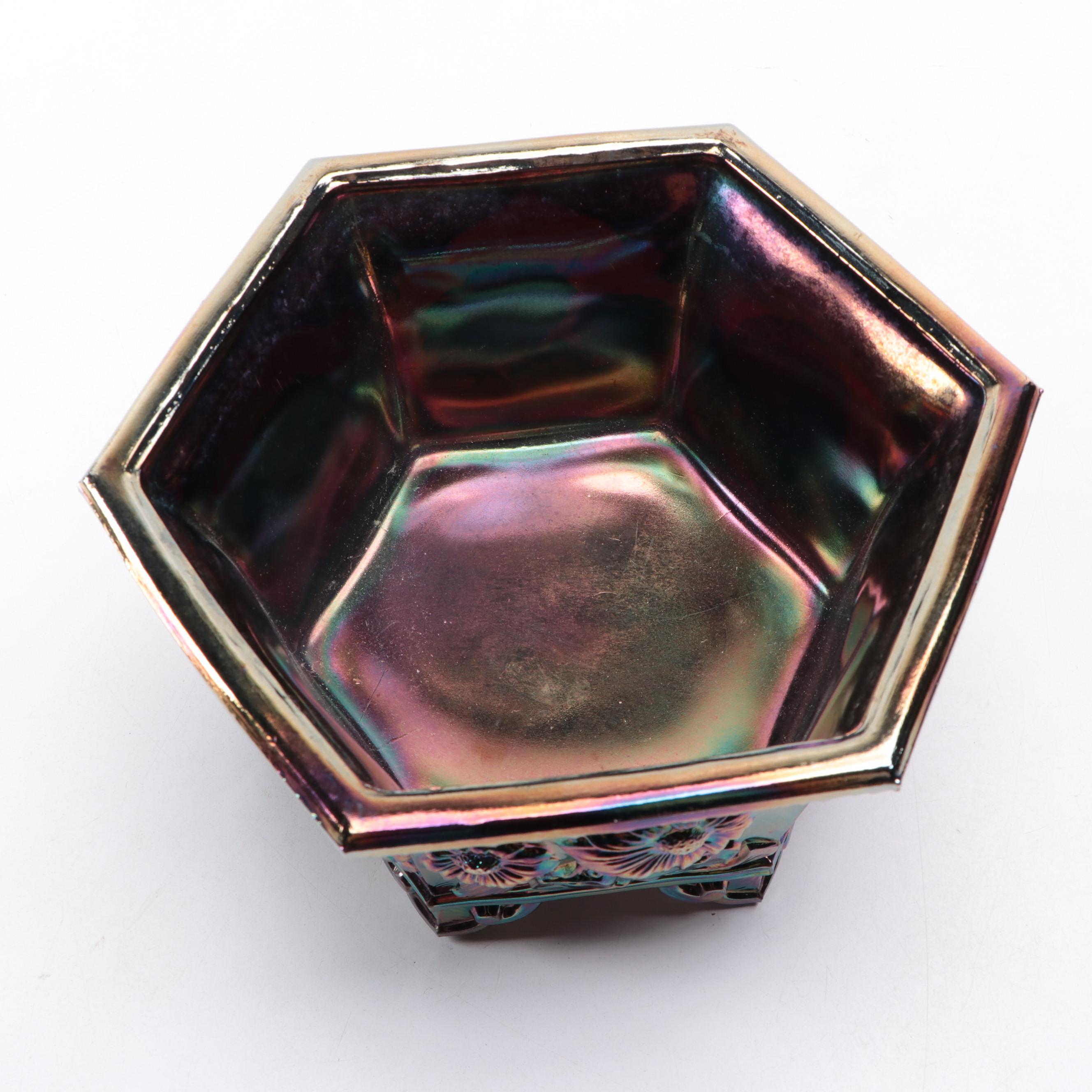 Fenton "Chrysanthemum" Amethyst Planter with Other Carnival Glass Bowl and Vase