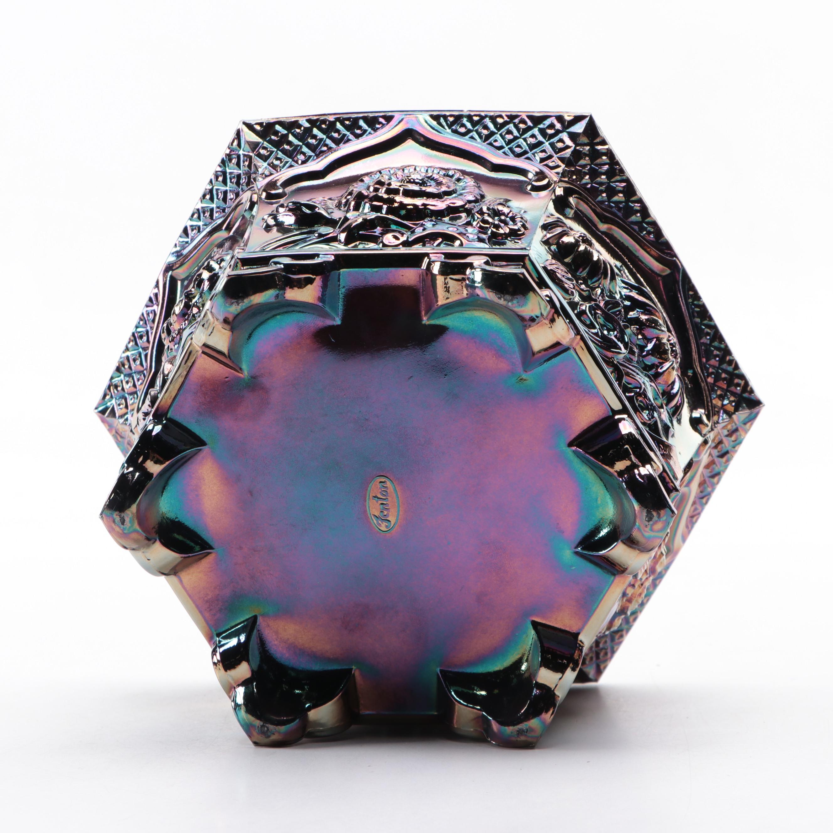 Fenton "Chrysanthemum" Amethyst Planter with Other Carnival Glass Bowl and Vase