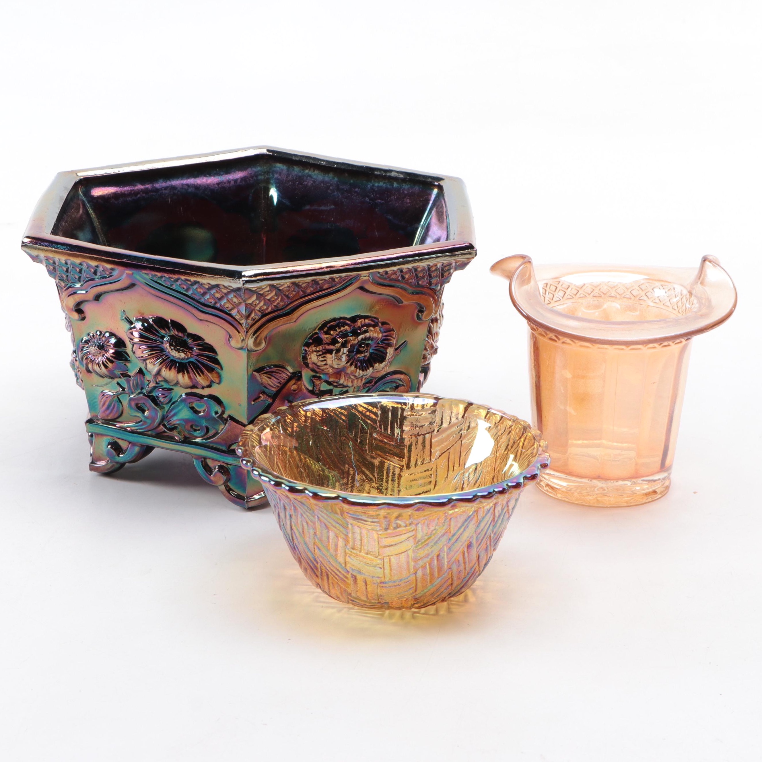 Fenton "Chrysanthemum" Amethyst Planter with Other Carnival Glass Bowl and Vase