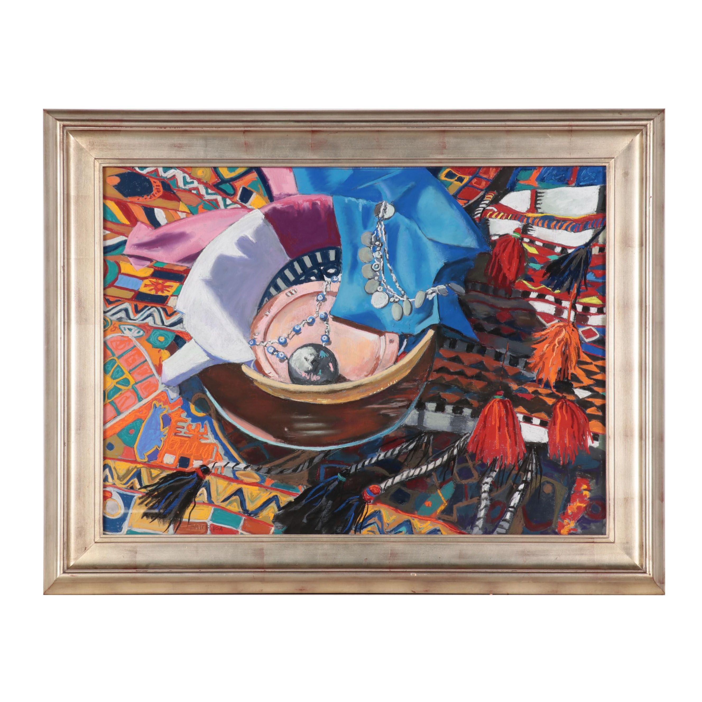 Martha Bator Large-Scale Pastel Drawing "Still Life With Silver Ball"