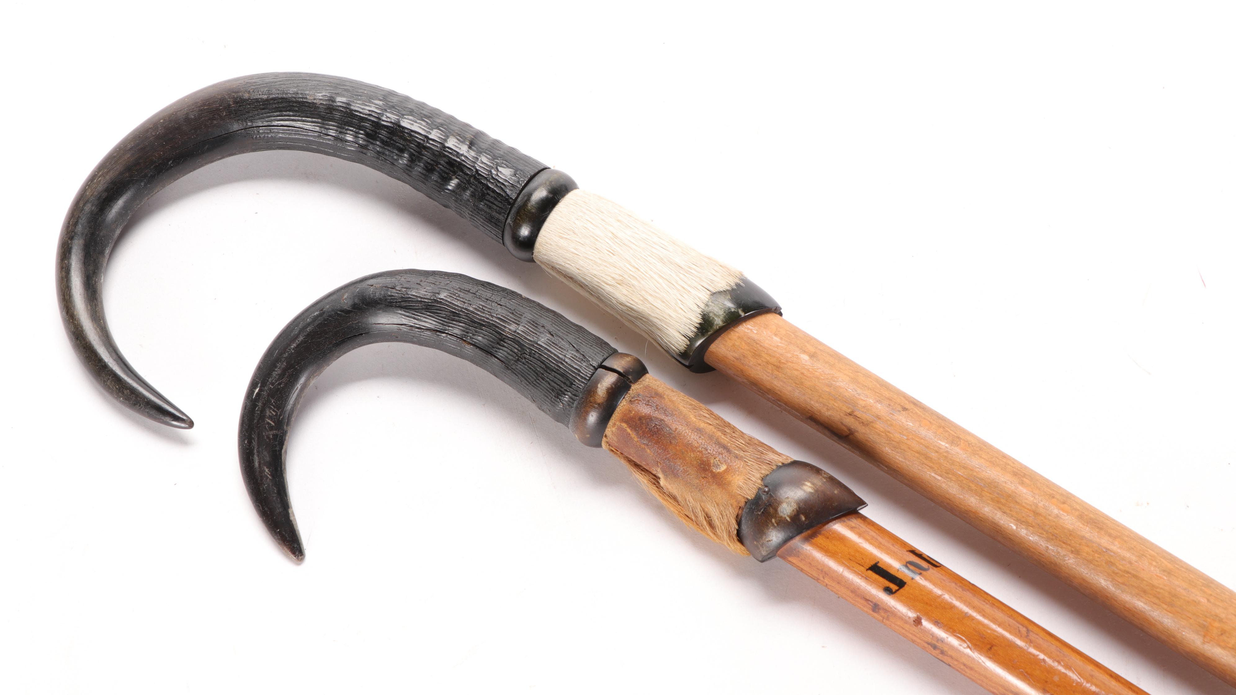 Swiss Goat Horn-Handled Walking Sticks with Hiking Badges, Mid-Late 20th C.