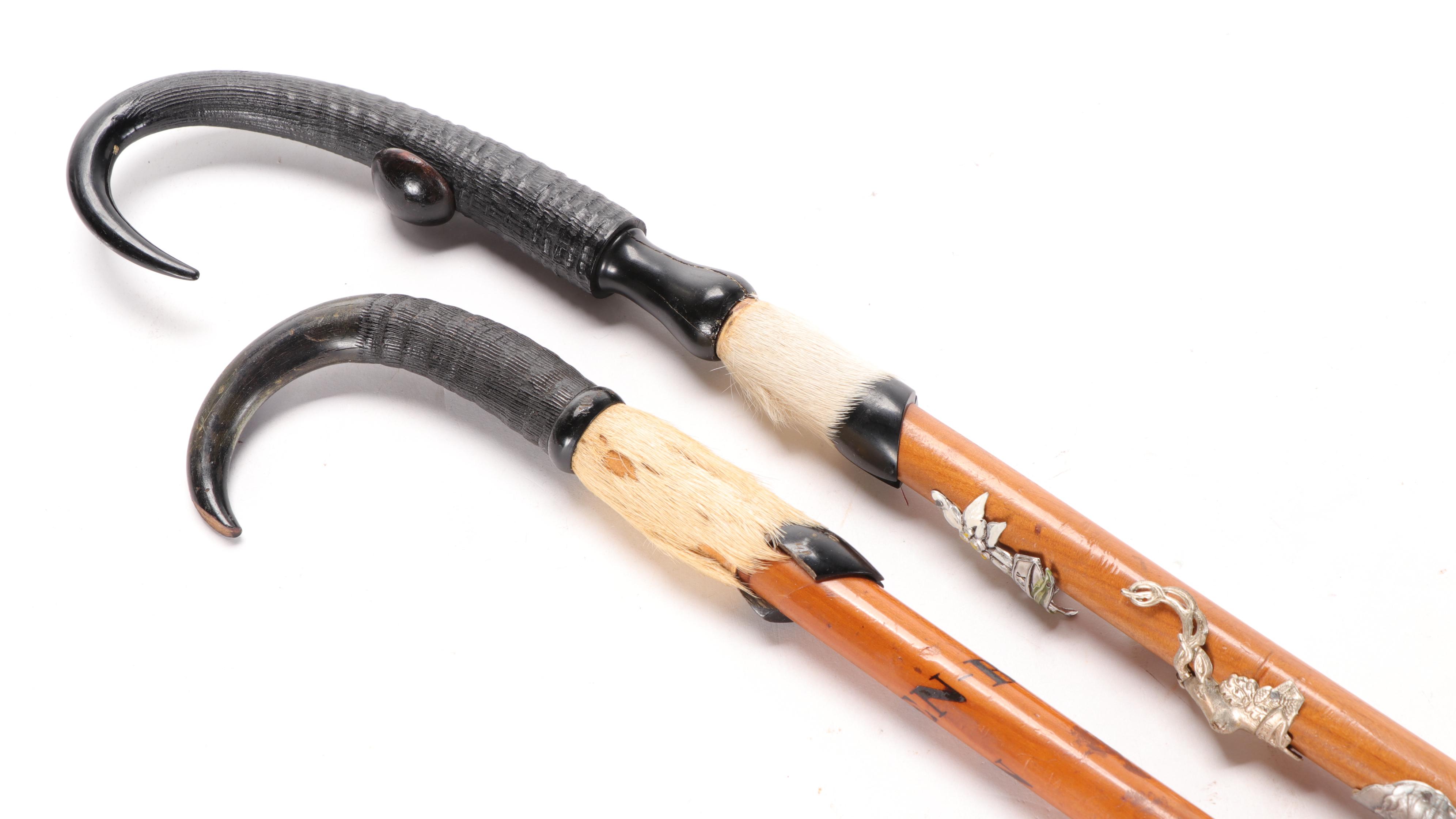 Swiss Goat Horn-Handled Walking Sticks with Hiking Badges, Mid-Late 20th C.