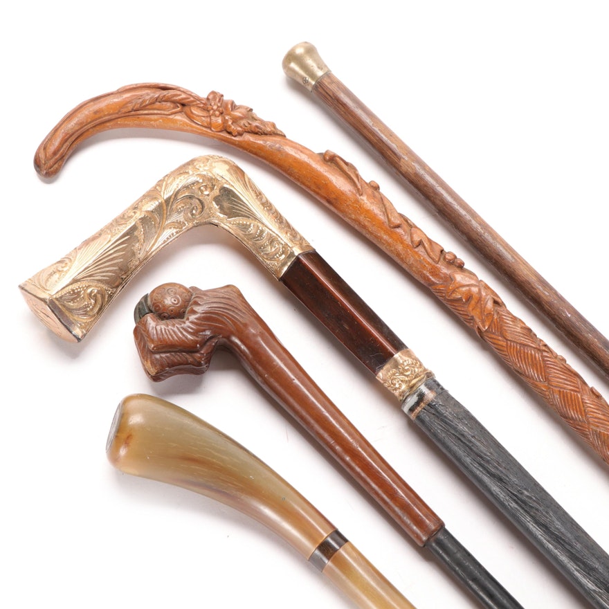Nicaraguan Horn Swagger Stick and Other Carved Canes, Early to Late 20th C.
