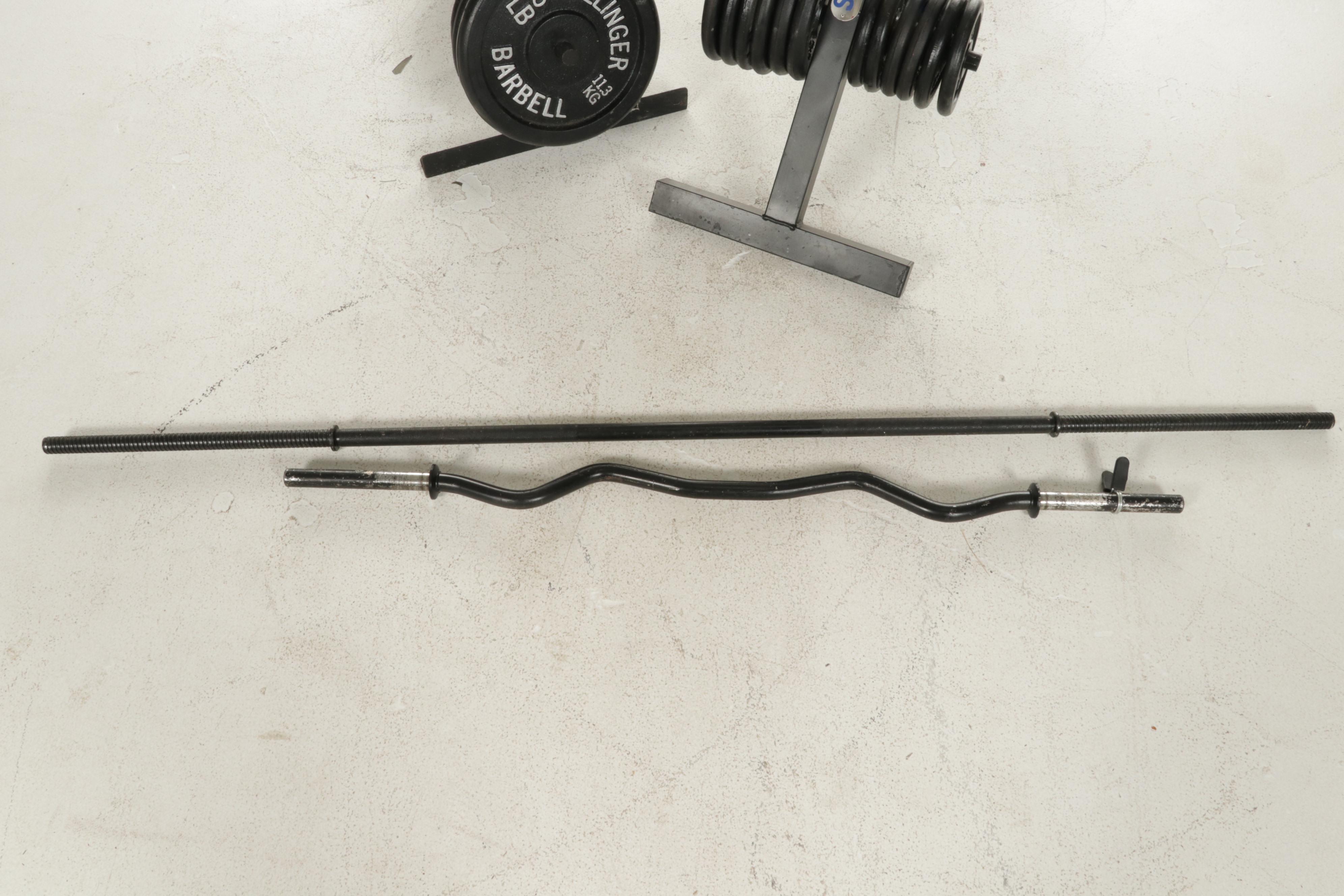Schisler Iron Weight Trees, Bollinger Weight Plates With Curl and Shorty Barbell