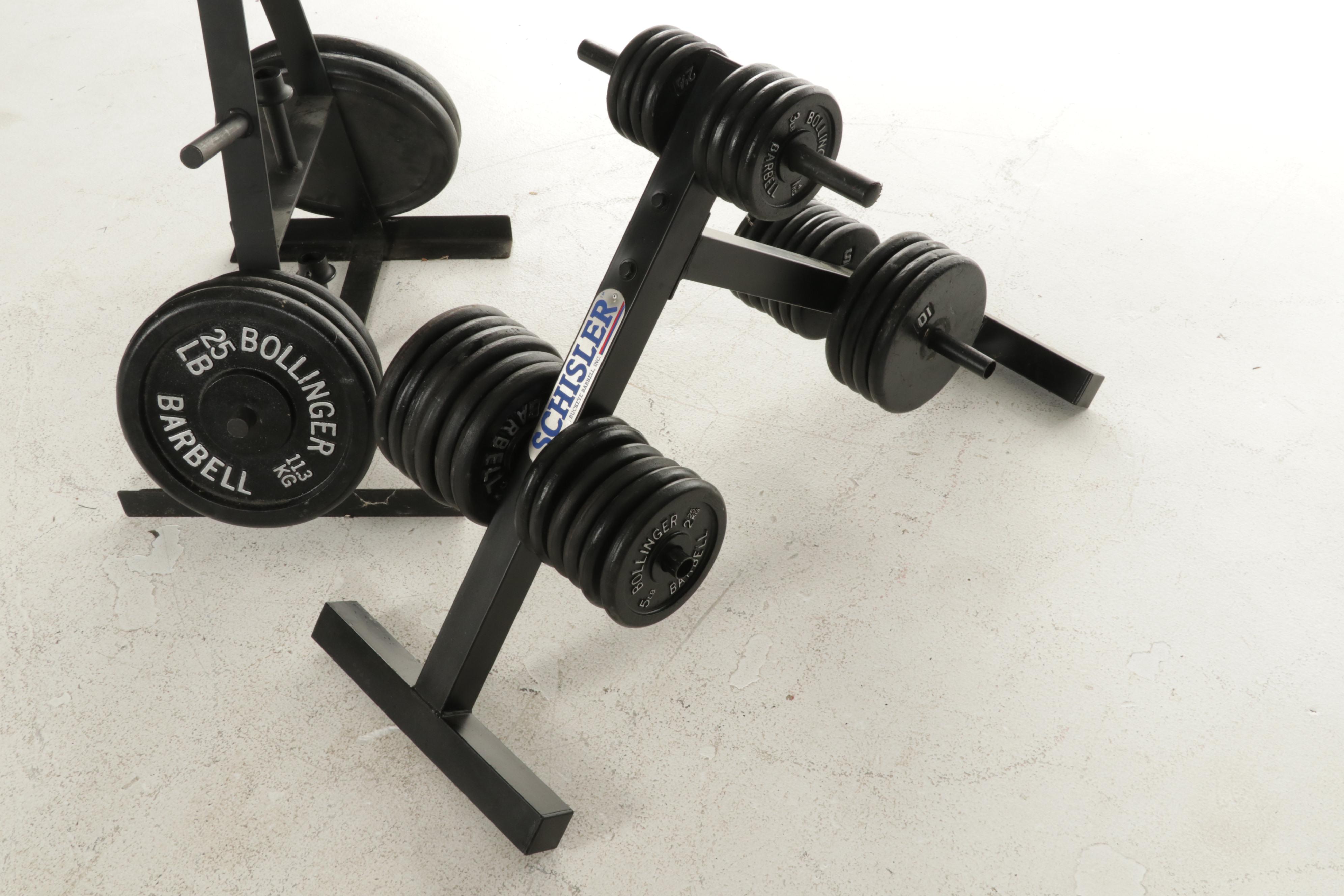 Schisler Iron Weight Trees, Bollinger Weight Plates With Curl and Shorty Barbell