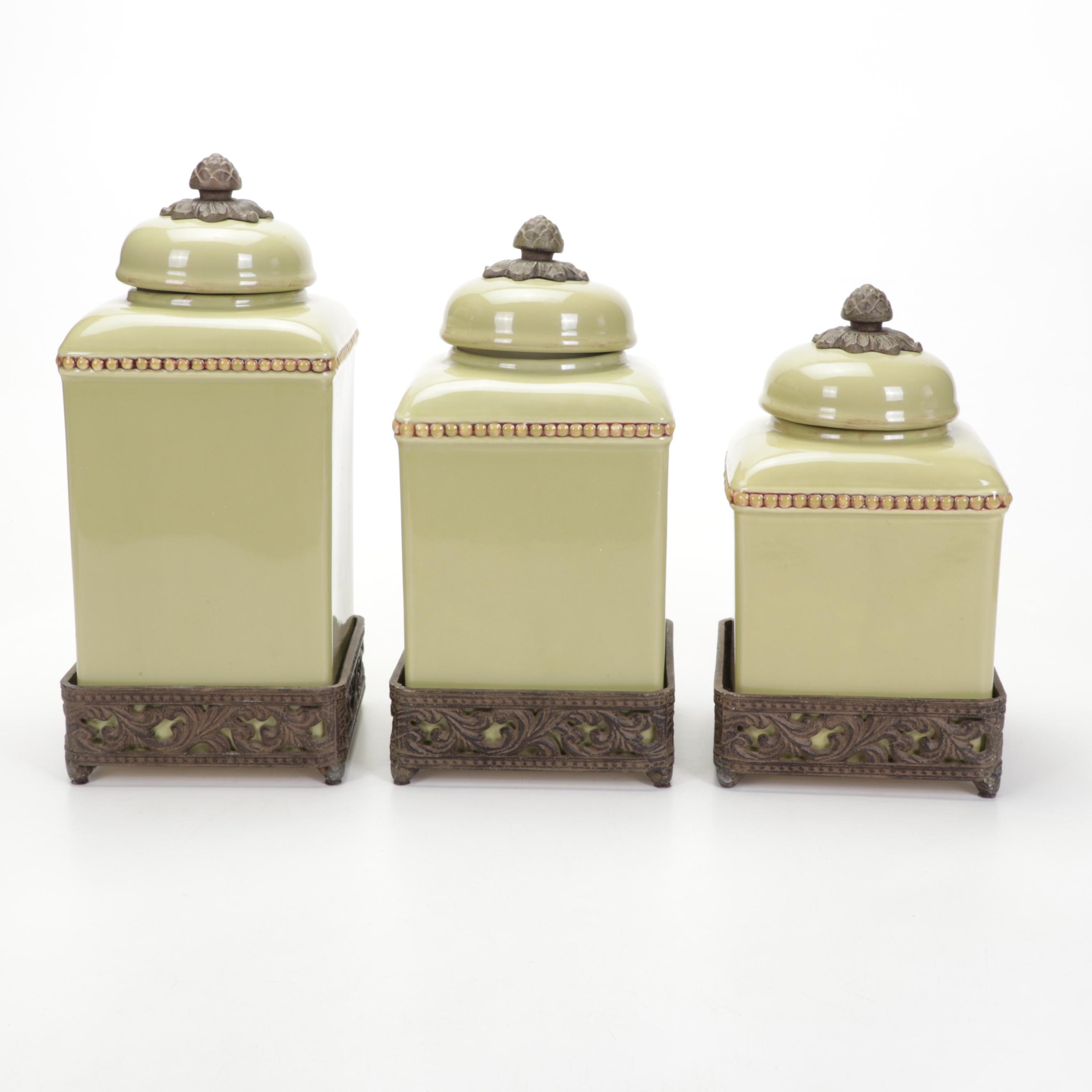 Gracious Goods Green Ceramic Canister Set on Bases