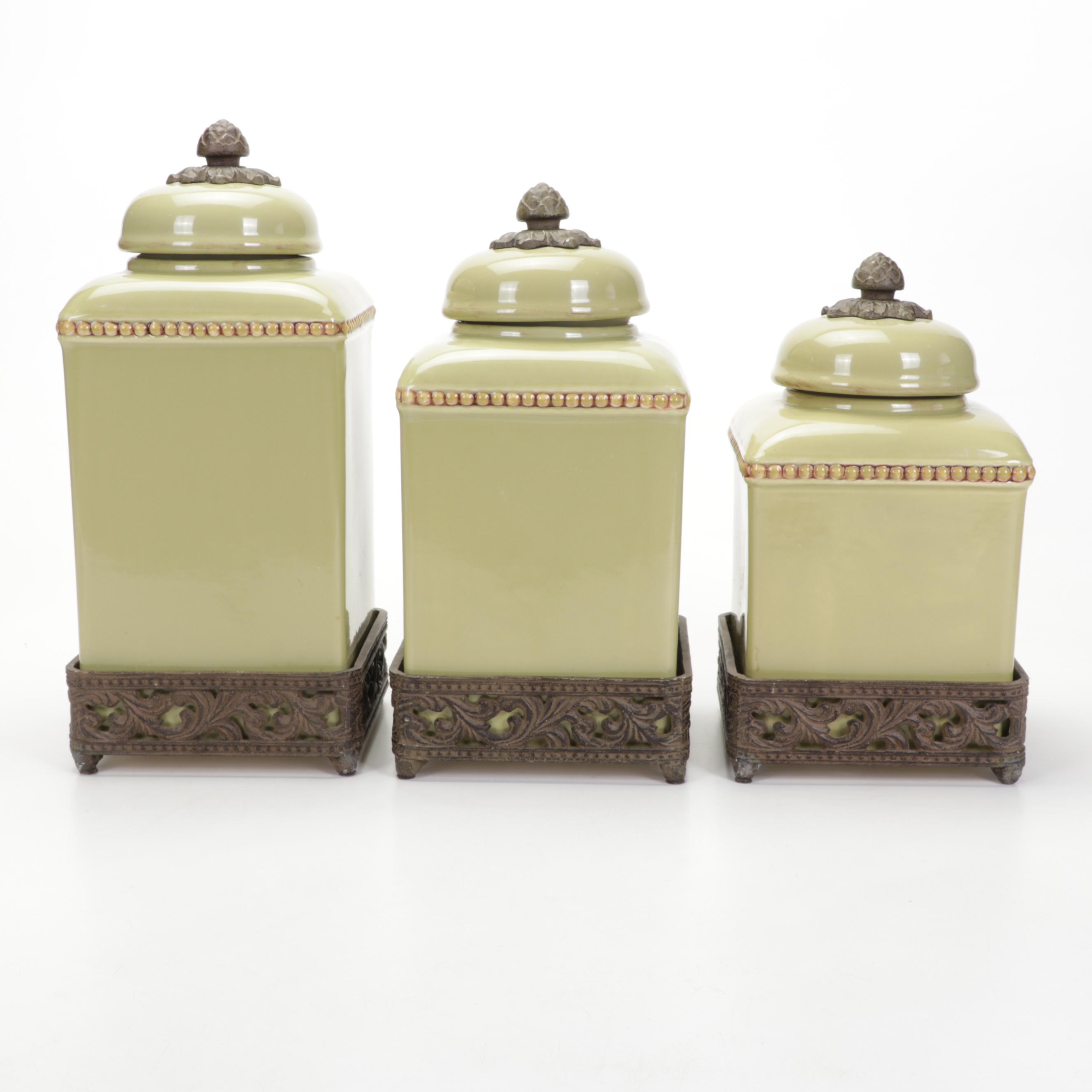 Gracious Goods Green Ceramic Canister Set on Bases