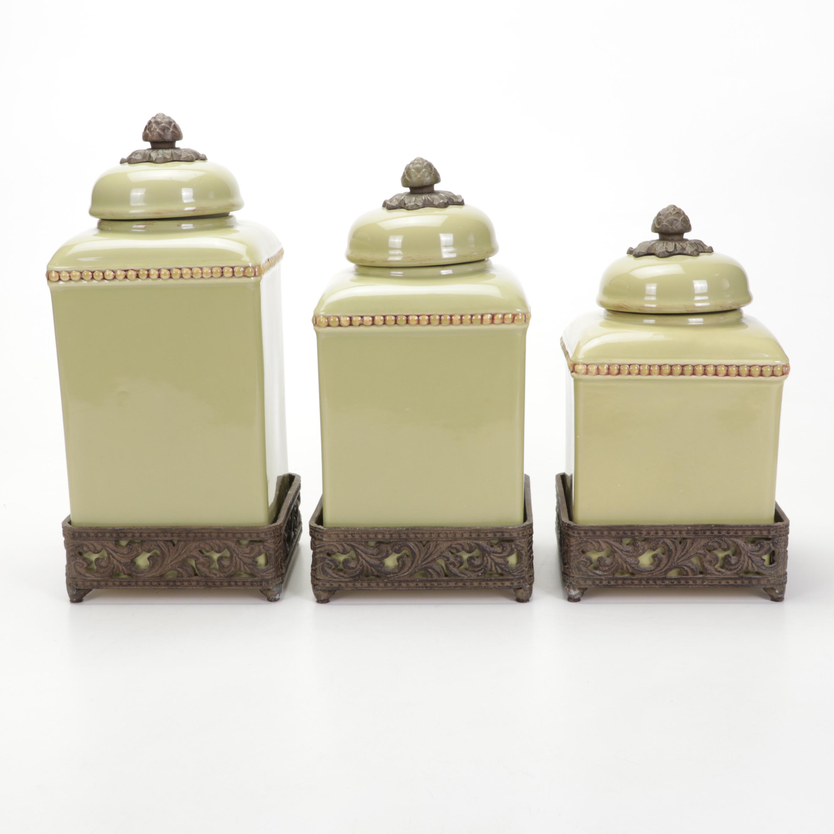 Gracious Goods Green Ceramic Canister Set on Bases