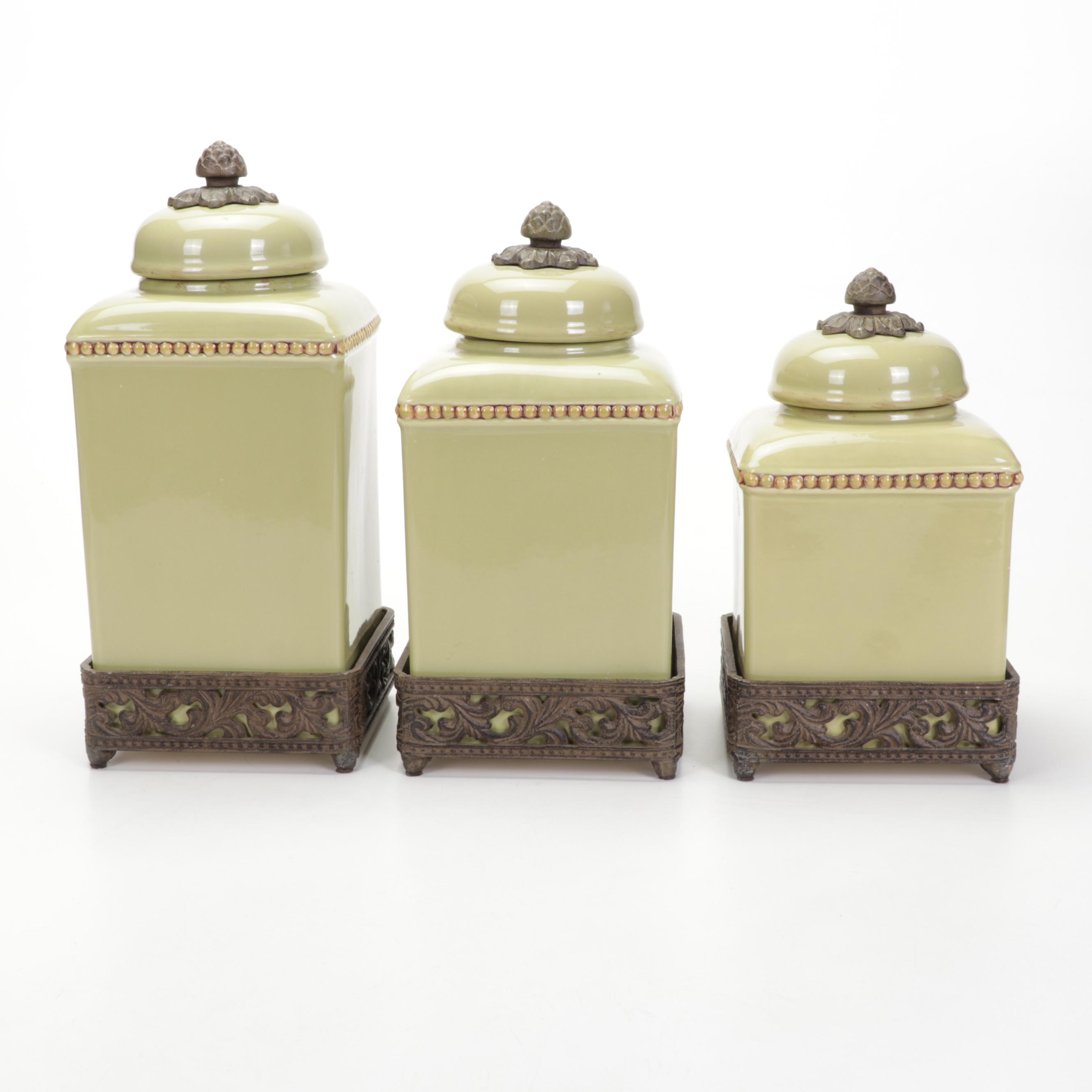 Gracious Goods Green Ceramic Canister Set on Bases