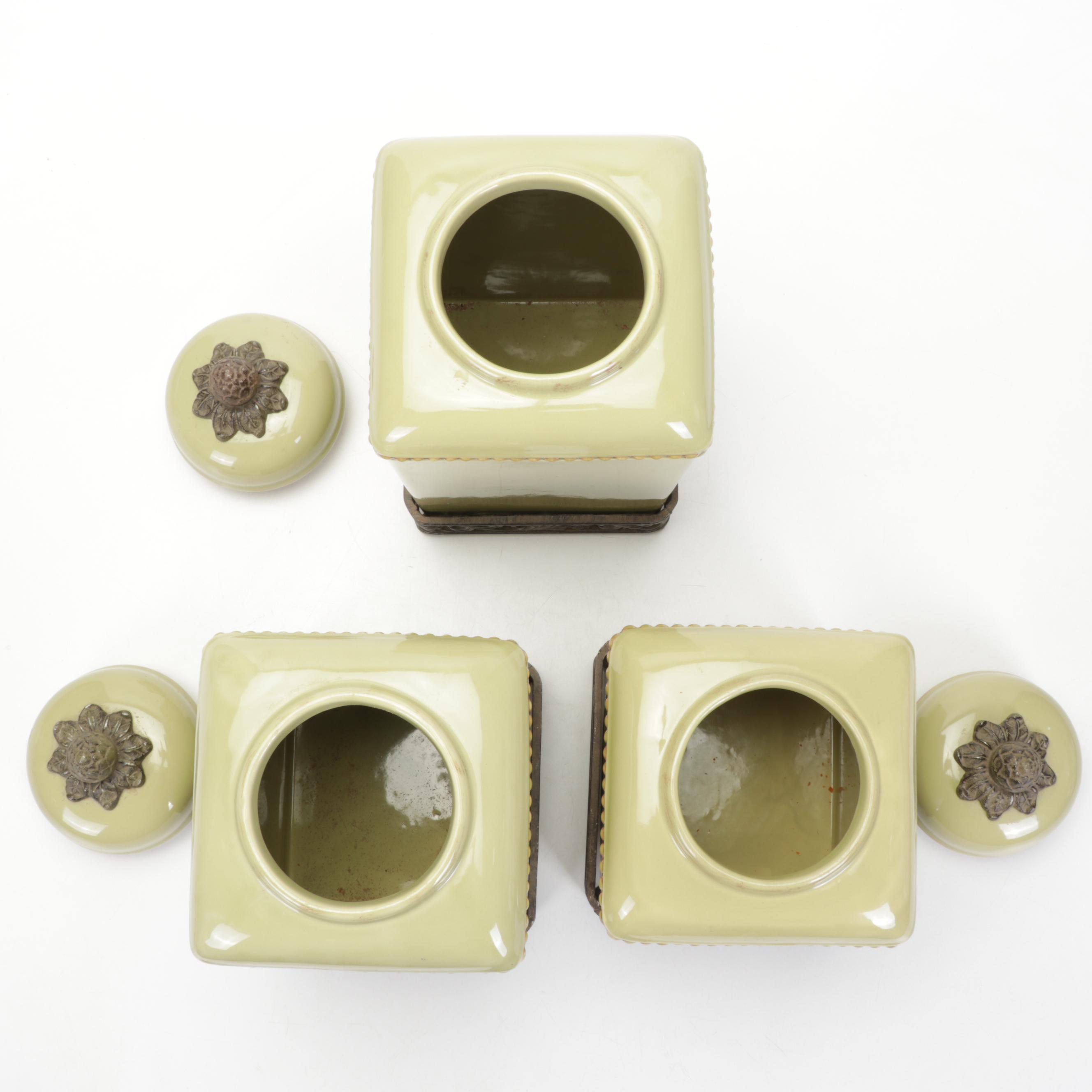 Gracious Goods Green Ceramic Canister Set on Bases