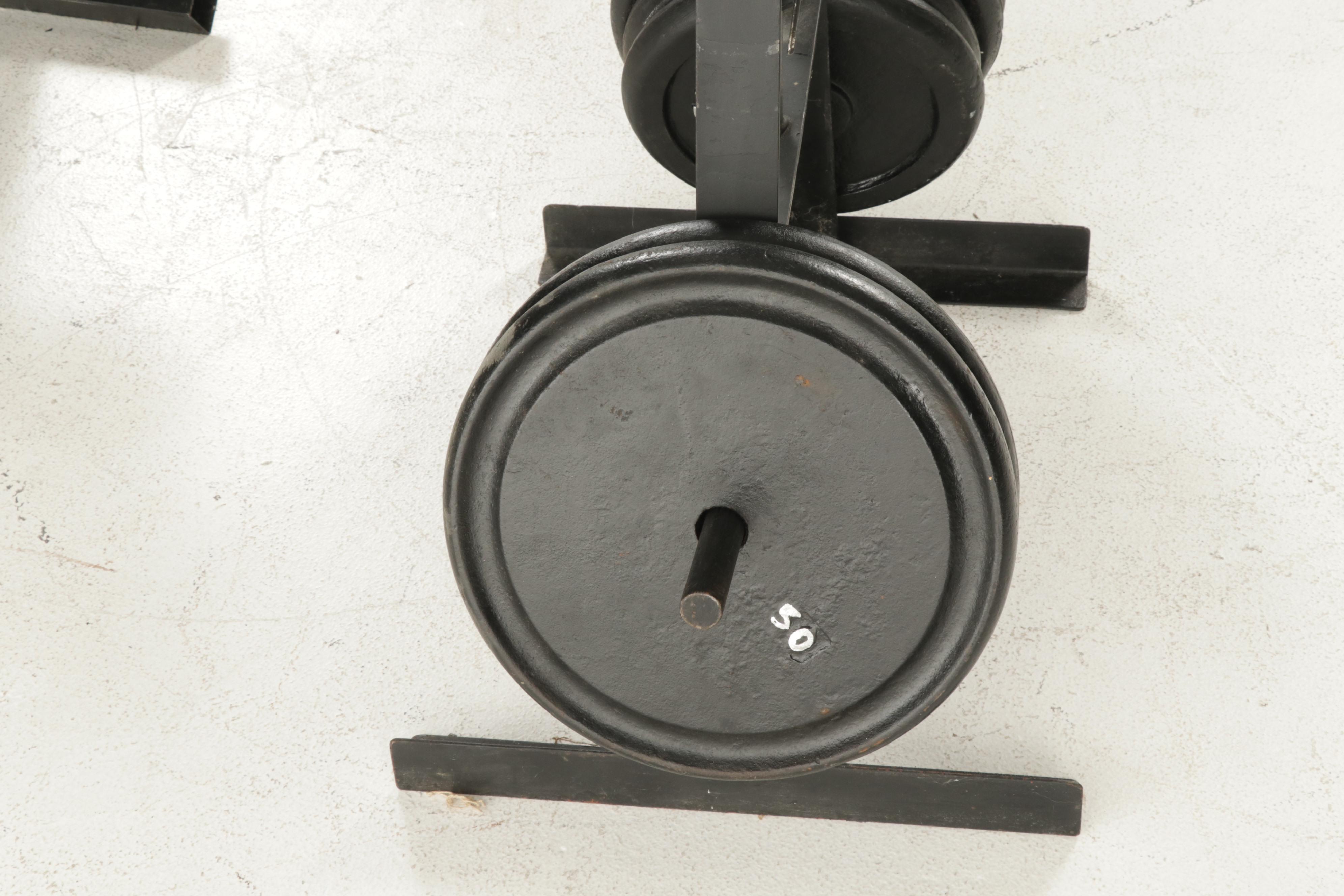 Schisler Iron Weight Trees, Bollinger Weight Plates With Curl and Shorty Barbell