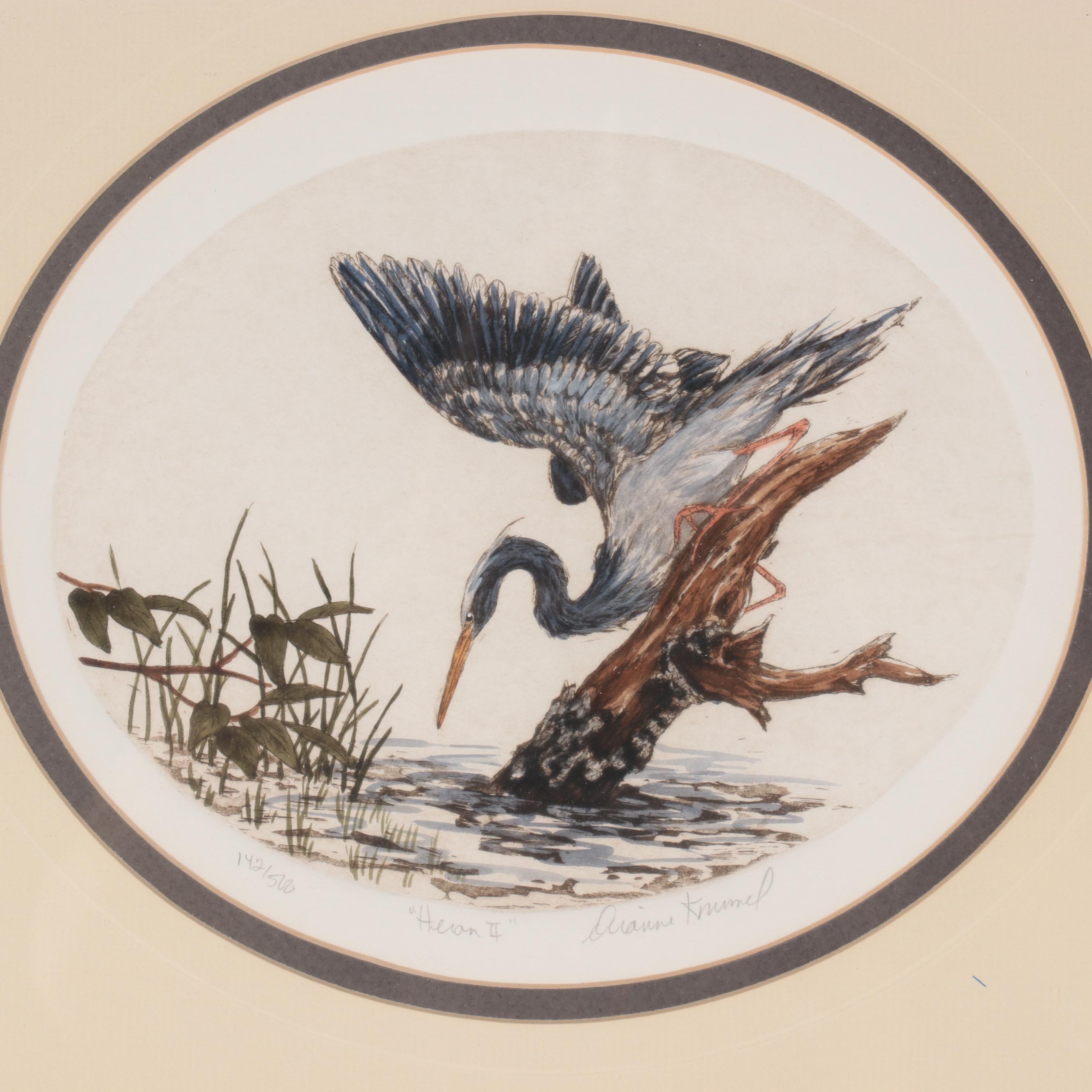 Dianne Krumel Hand-Colored Etching "Heron II"