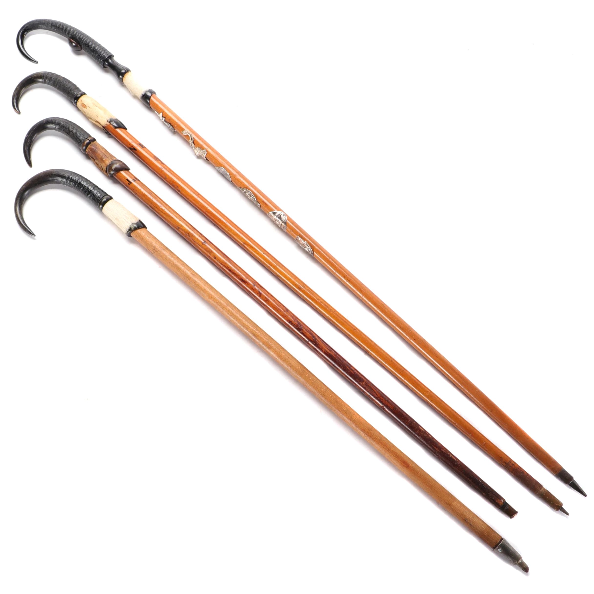 Swiss Goat Horn-Handled Walking Sticks with Hiking Badges, Mid-Late 20th C.