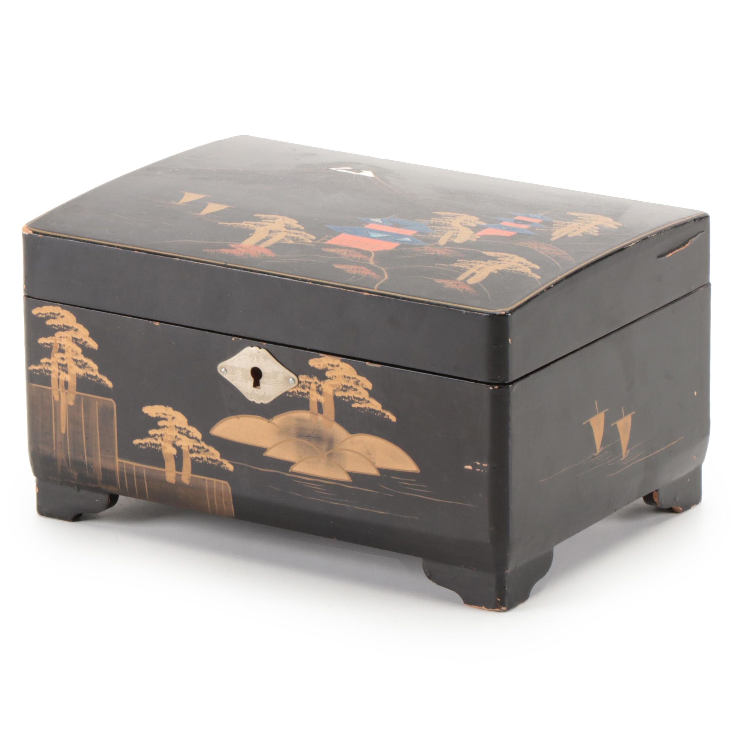 Japanese Abalone Inlaid Lacquerware Jewelry Box, Mid to Late 20th Century