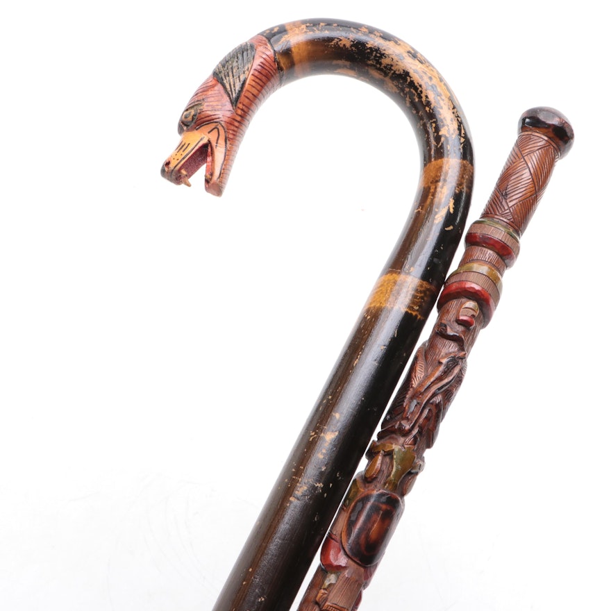 Carved Mexican Polychrome Crook Handled Wooden Walking Cane and Walking Stick