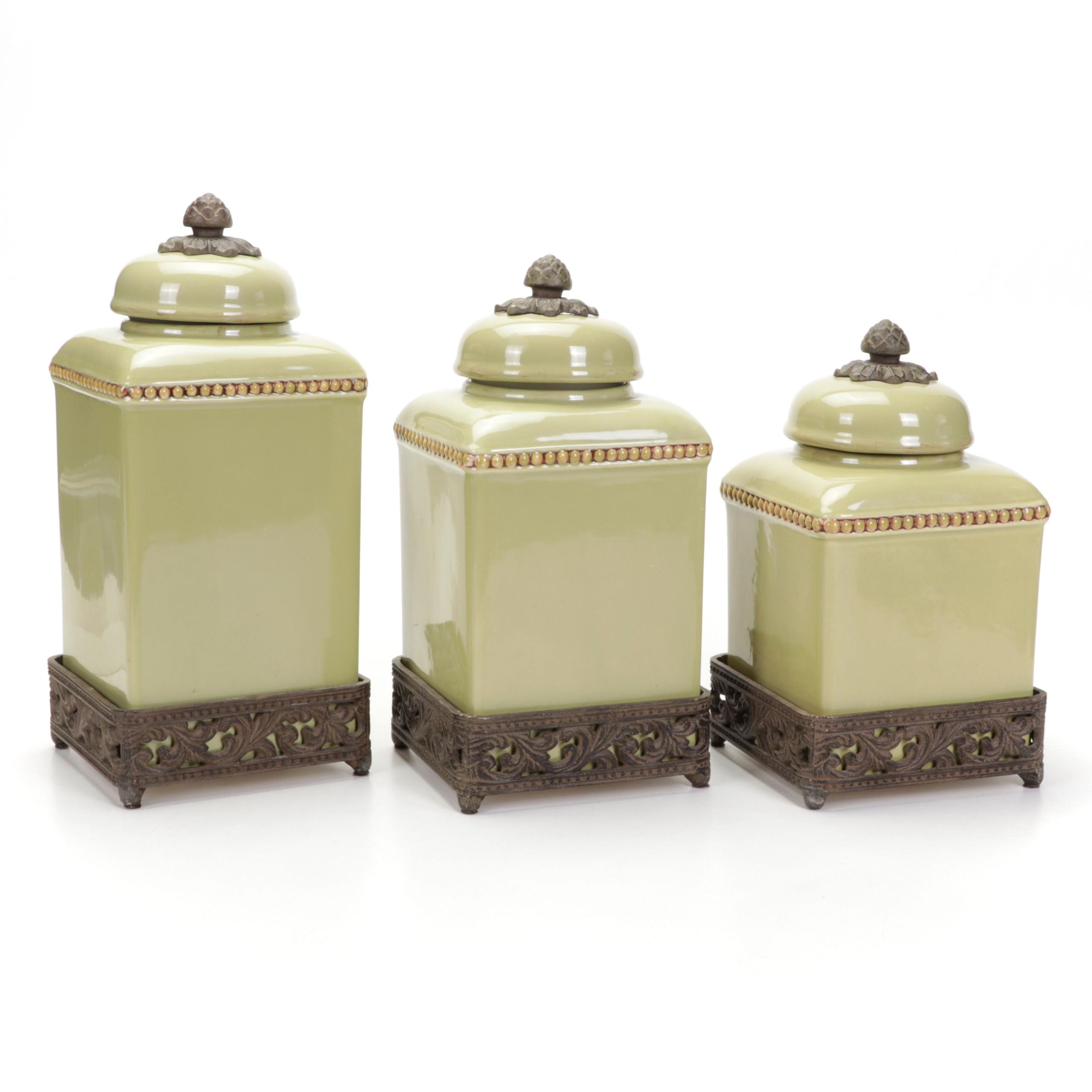 Gracious Goods Green Ceramic Canister Set on Bases
