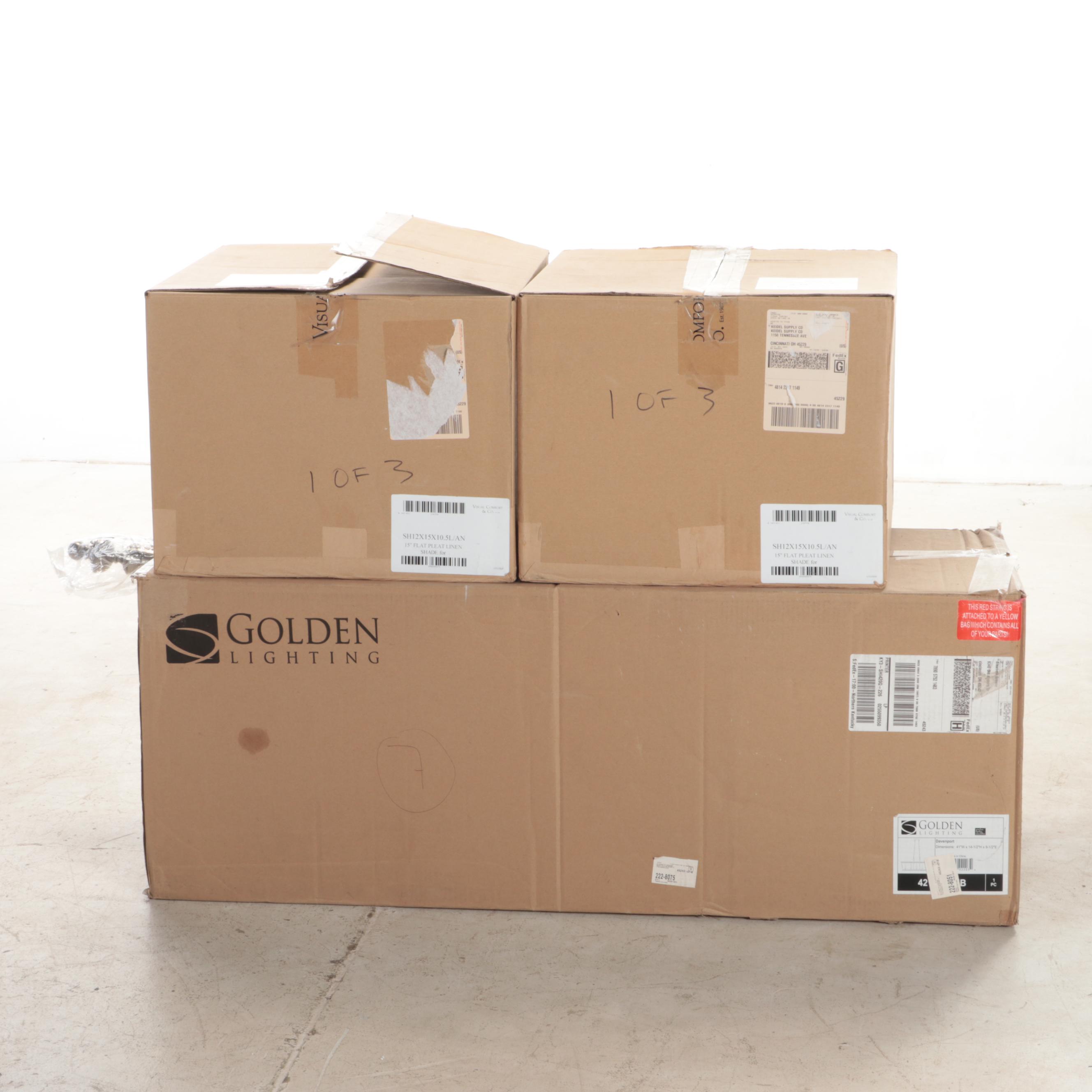 Golden Lighting "Davenport" Linear Five-Arm Pendant Light With Two Lamp Shades