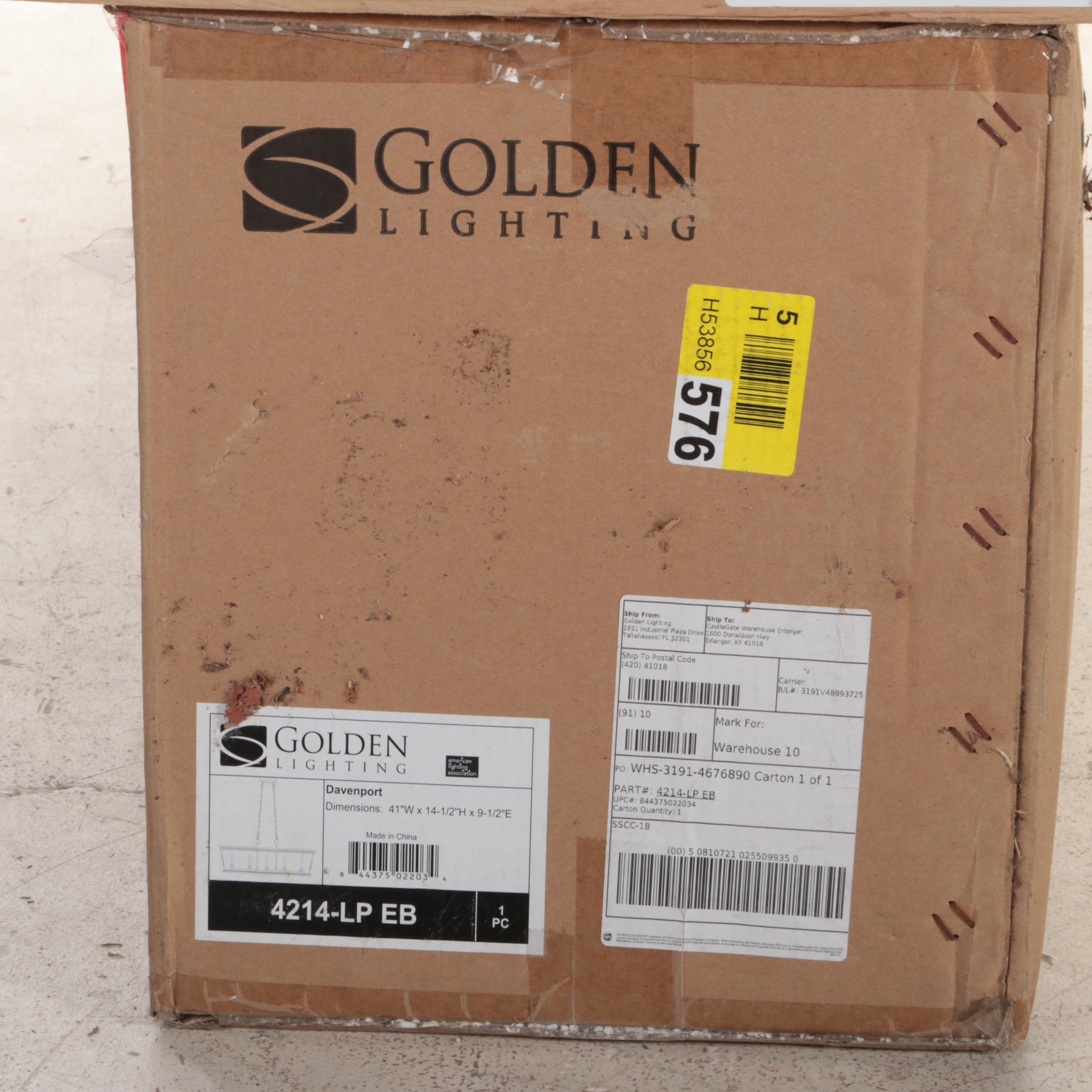 Golden Lighting "Davenport" Linear Five-Arm Pendant Light With Two Lamp Shades