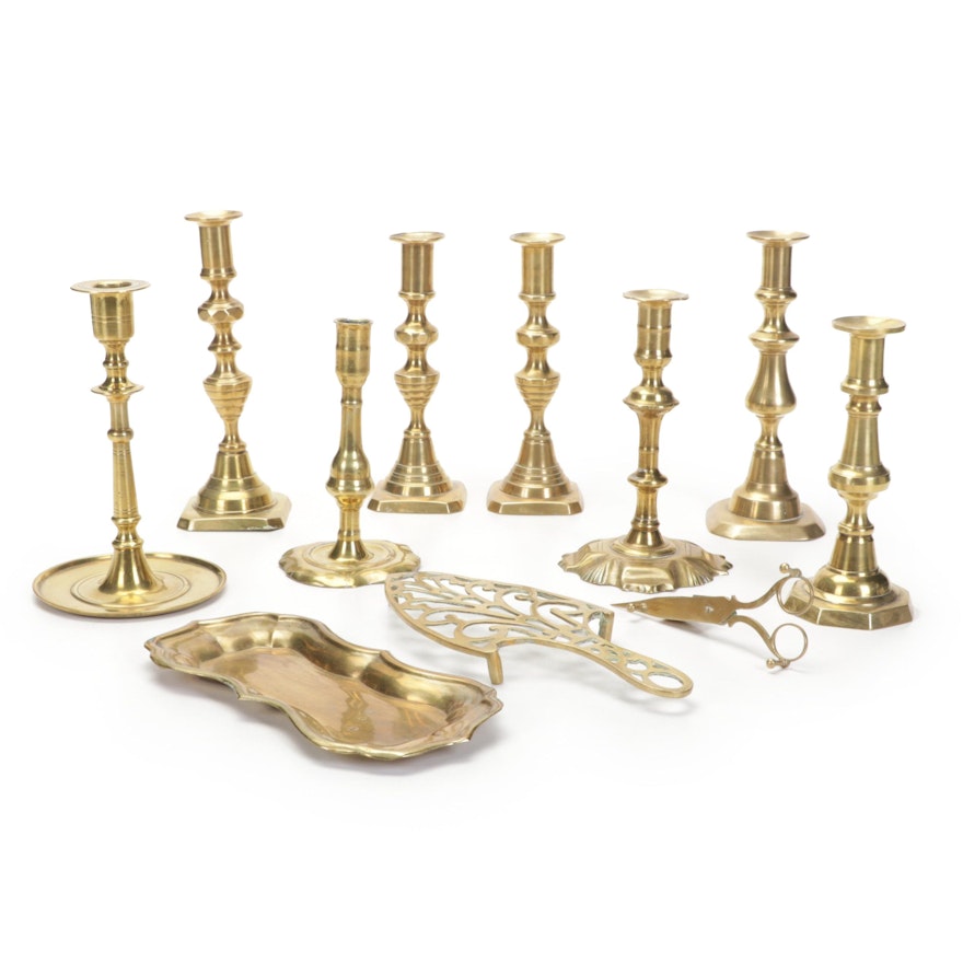 English Beehive and Diamond with Other Brass Candlesticks and Tableware