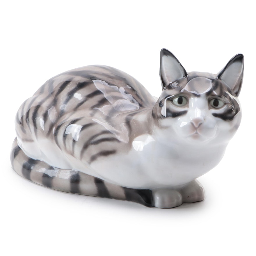 Rosenthal Porcelain Reclining Cat Figure Designed by Hans Schellhorn