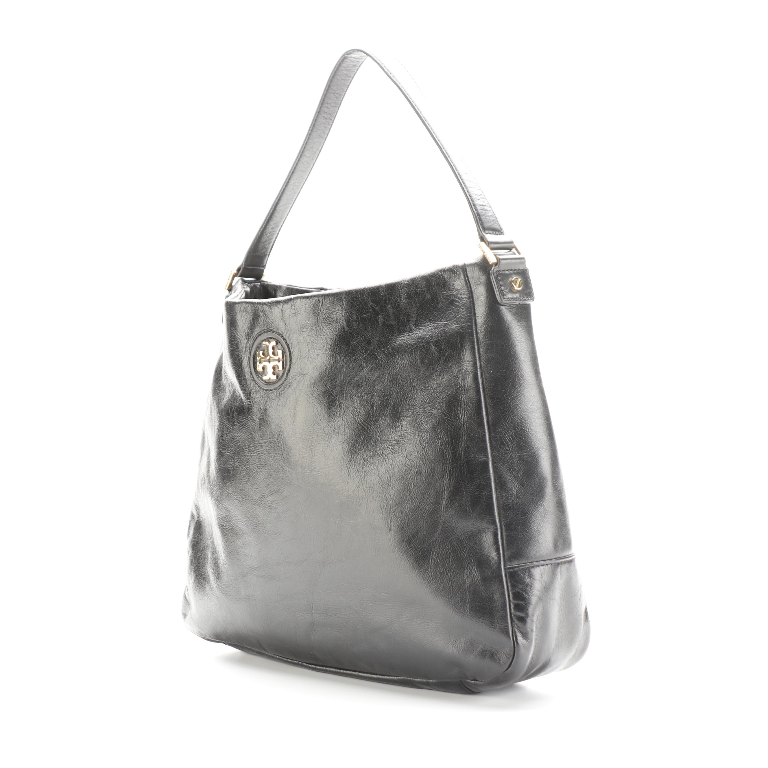 Tory Burch Dena Hobo Bag in Black Crinkled Calfskin Leather