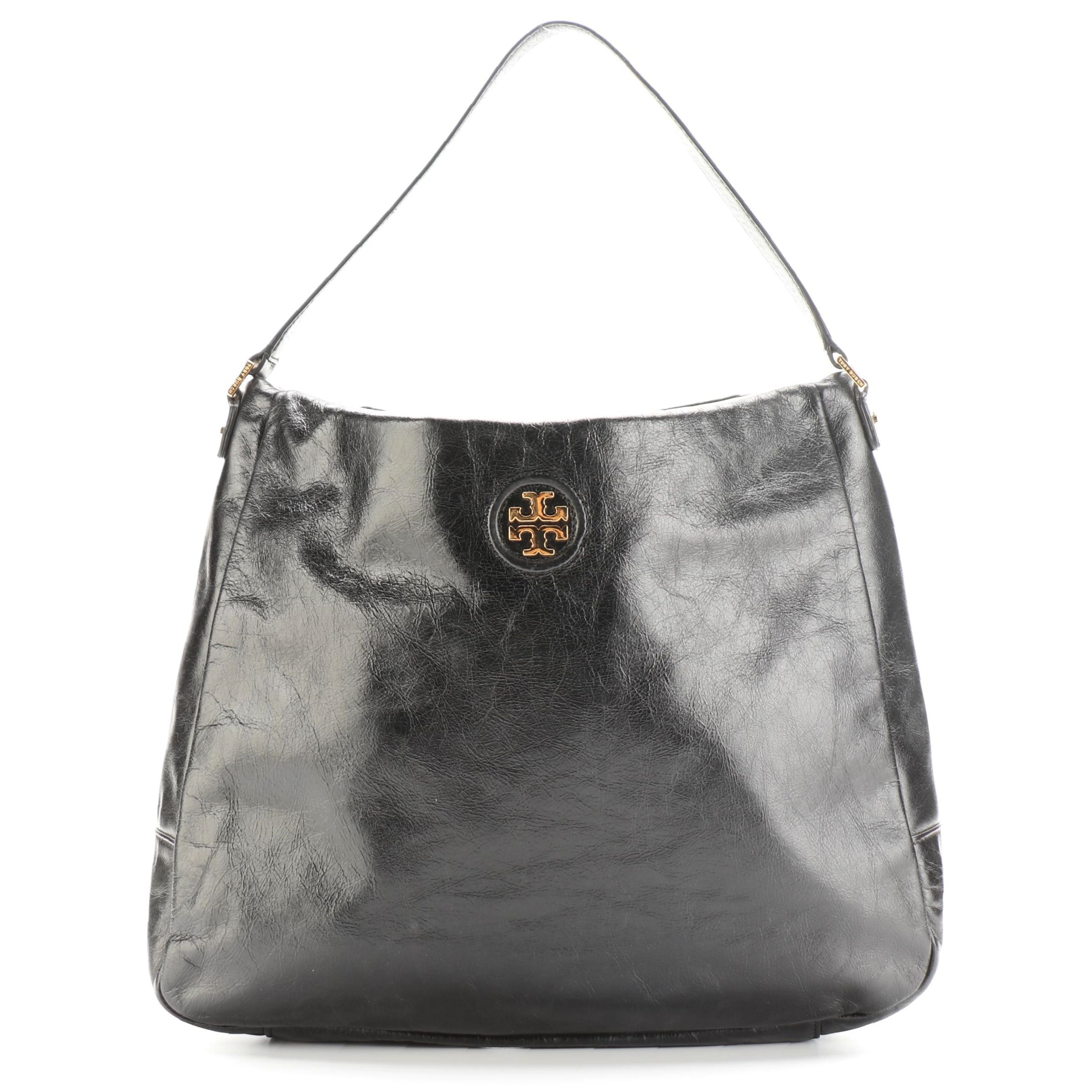 Tory Burch Dena Hobo Bag in Black Crinkled Calfskin Leather