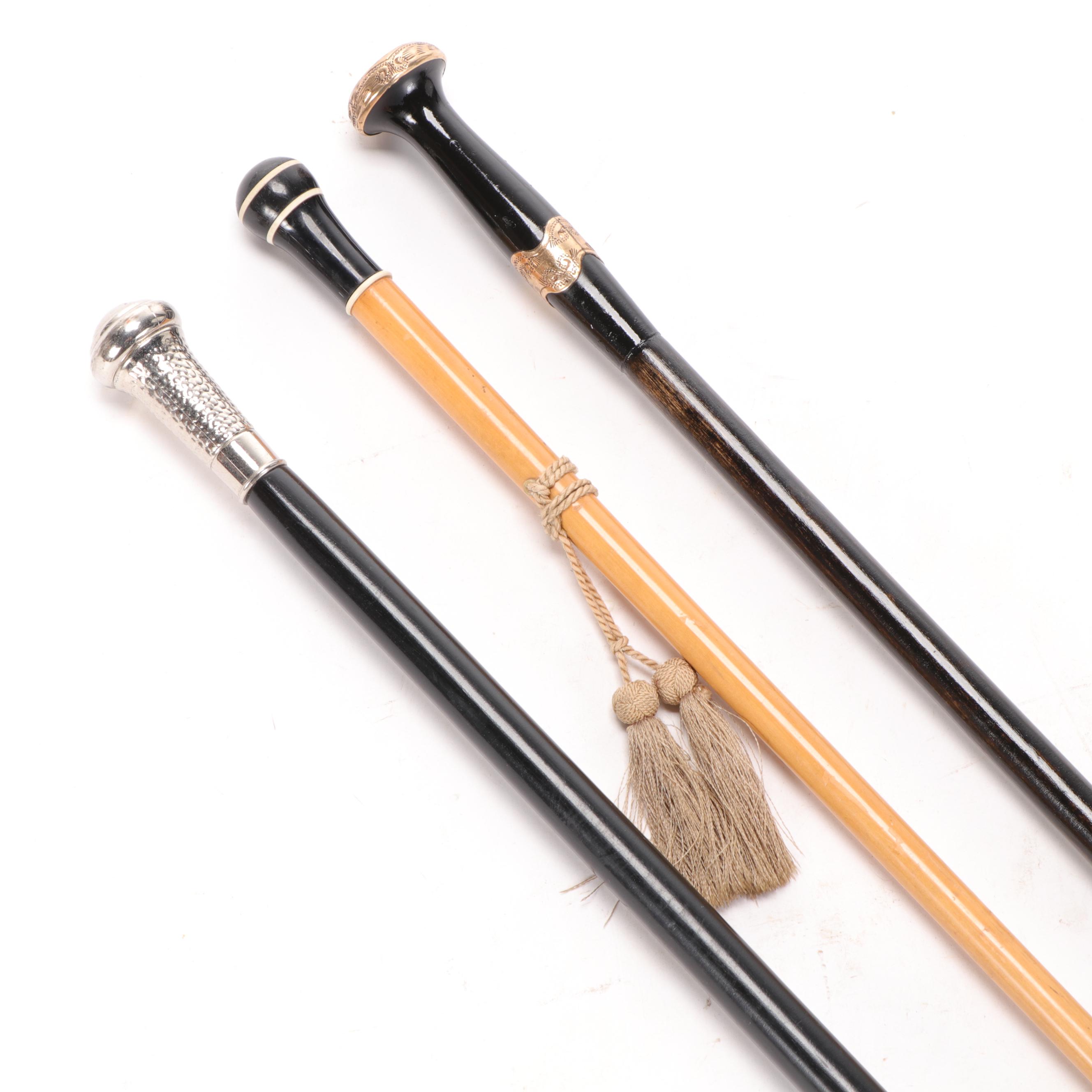 Black Lacquered and Gold Filled Late Victorian Walking Stick and Other Canes