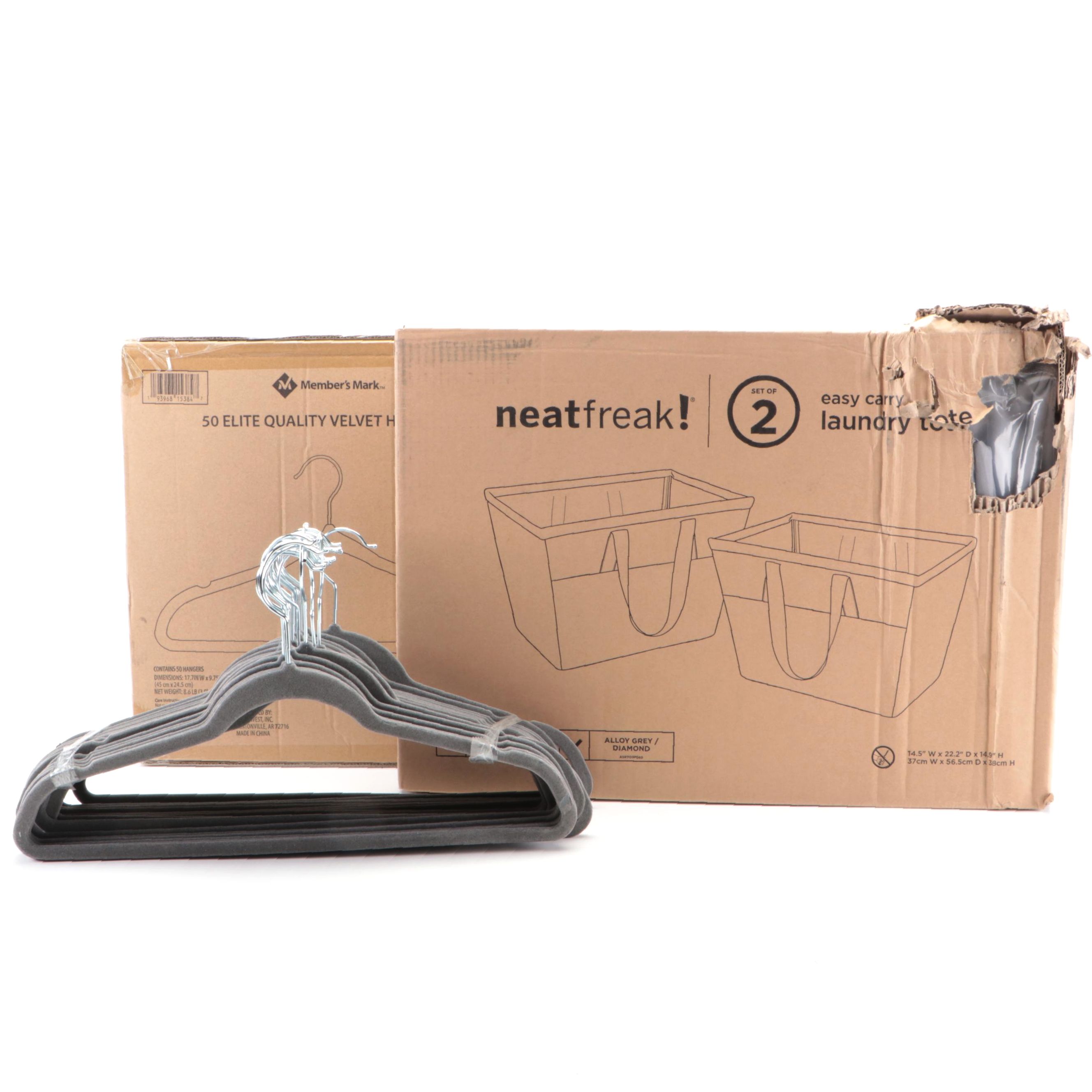 Members Mark 50 Elite Quality Gray Velvet Hangers and Easy Carry Laundry Totes