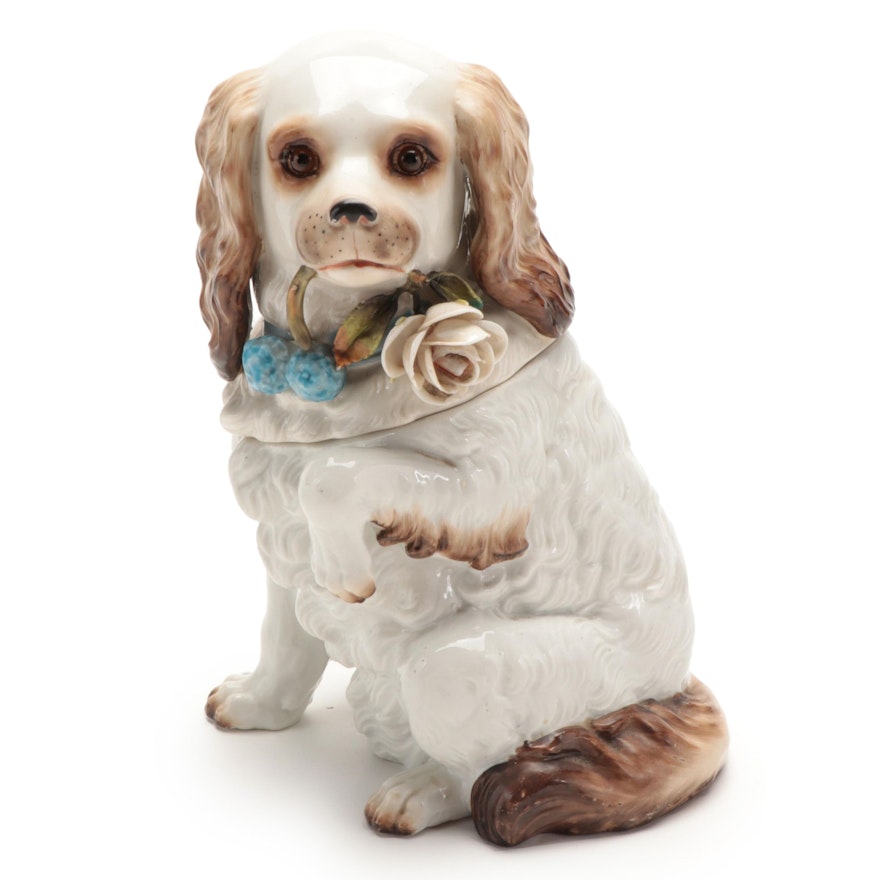 German  King Charles Cavalier Spaniel with Glass Eyes Porcelain Tobacco Jar