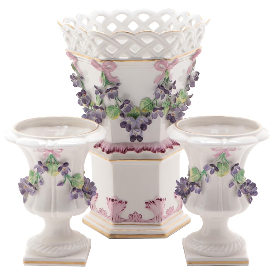 Mottahedeh Italian Ceramic Vase and Urns with Lattice Work and Purple Flowers