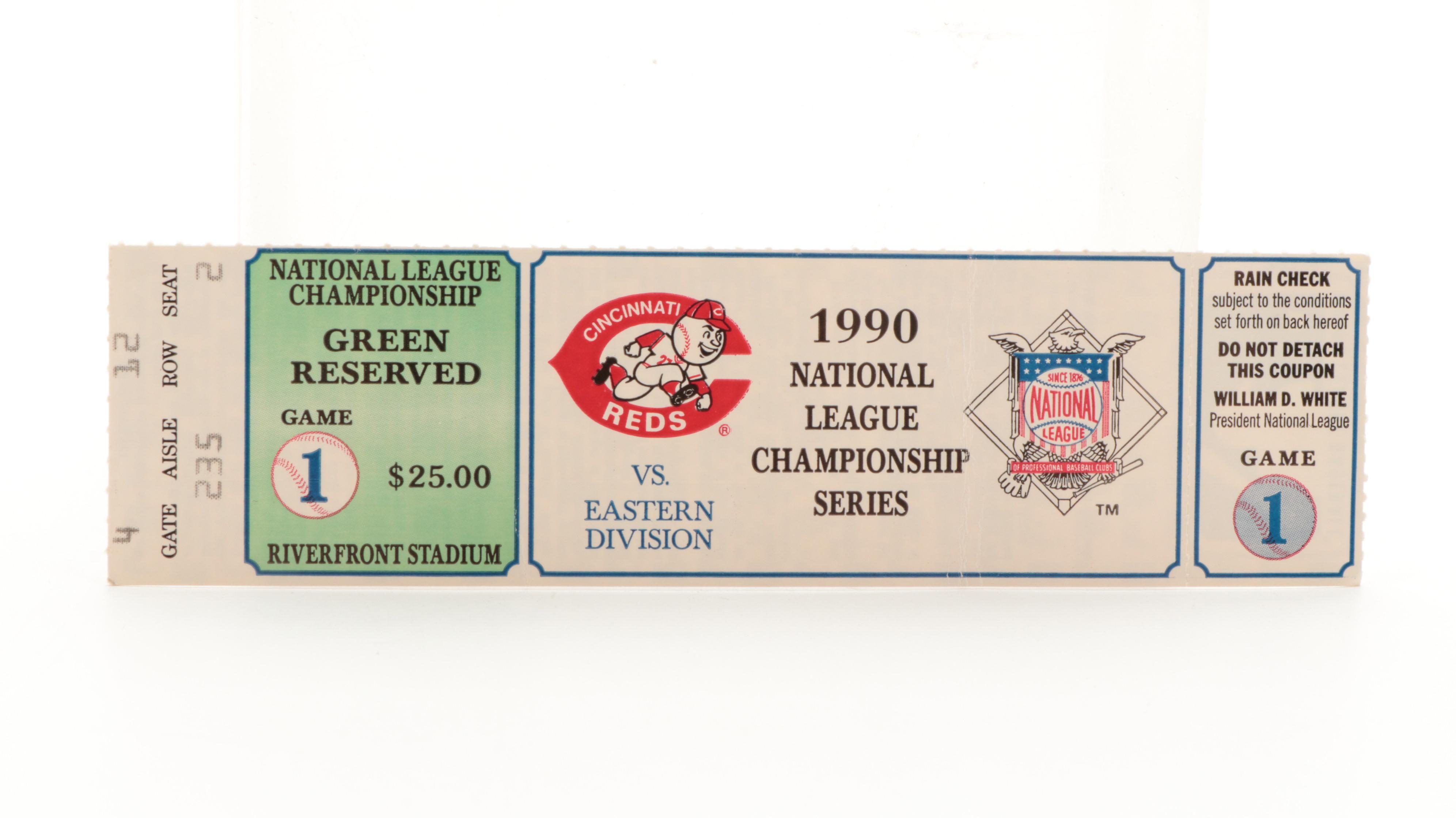 Eric Davis, Paul O'Neill Signed Baseballs, 1990 NL Championship Ticket