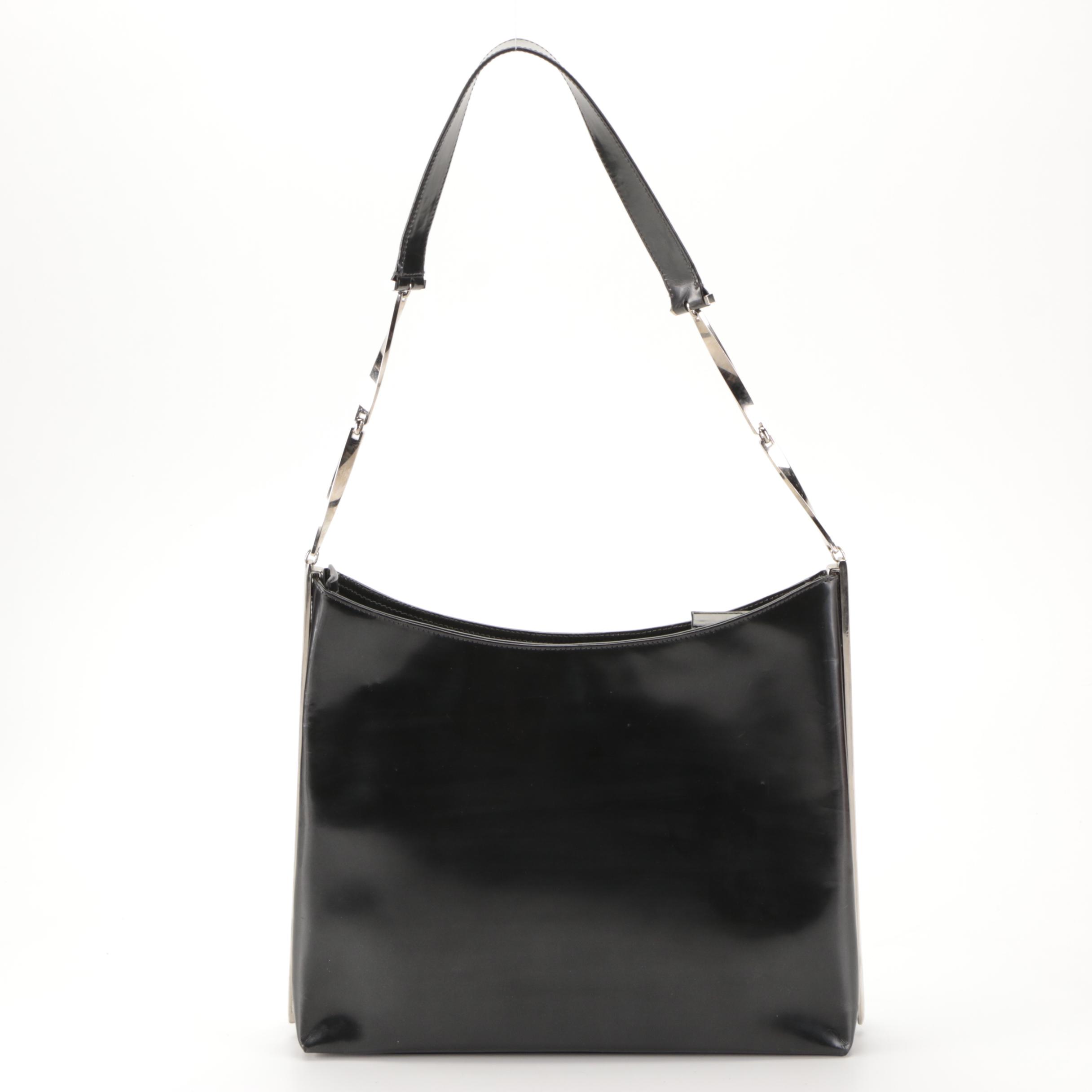 Salvatore Ferragamo Shoulder Bag in Black Glazed Leather
