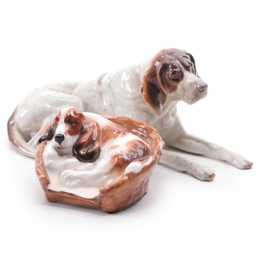 Royal Doulton Hound in Basket with Nymphenburg Pointer Figurines