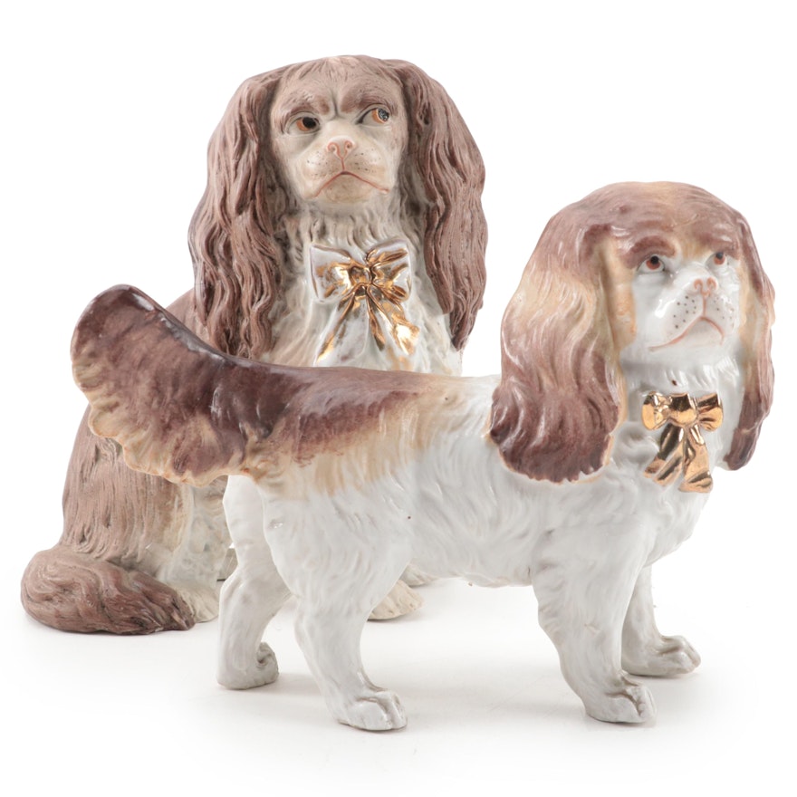 Victorian Bisque and Porcelain Spaniel Figurines with Gold Bows