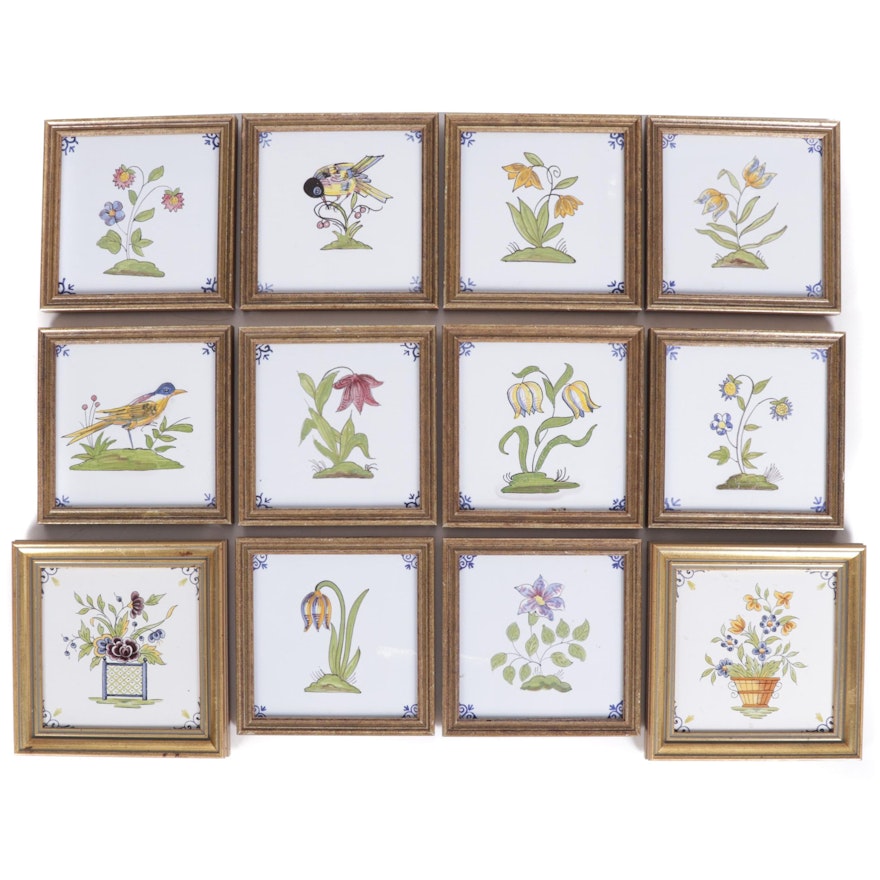 Delft Hand-Painted Polychrome Bird and Botanical Framed Porcelain Tiles