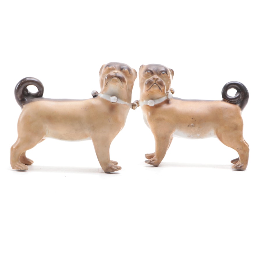 German Porcelain Standing Pug Figurines, Late 19th to Early 20th Century