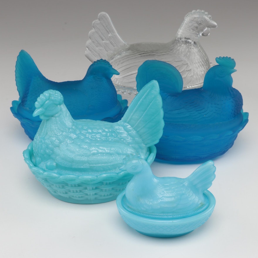 Pressed Blue and Clear Glass Hen on Nest Collection, Mid to Late 20th Century