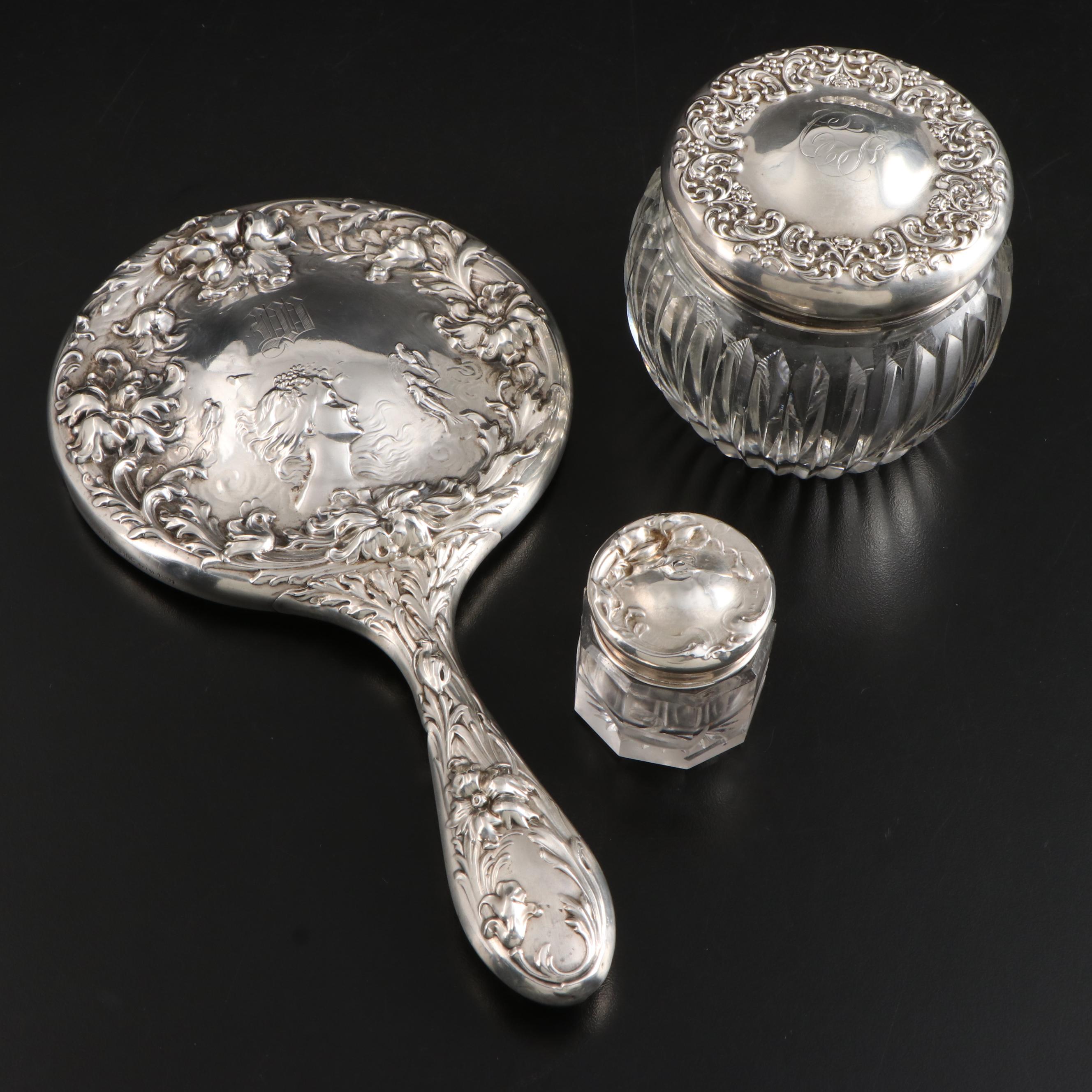 Foster & Baker Sterling Silver Hand Mirror with Sterling and Glass Vanity Jars